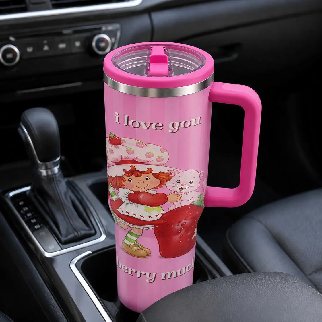 1PC 40oz Love You Berry Much Strawberry Girl Cat Insulated Tumbler with Handle & Leak-Proof Lid, Double Wall Vacuum Travel Mugs Insulated for Hot and Cold, Hot 12H Cold 24H, Large Capacity Cup for Men Women, Valentine’s Day Birthday Gift