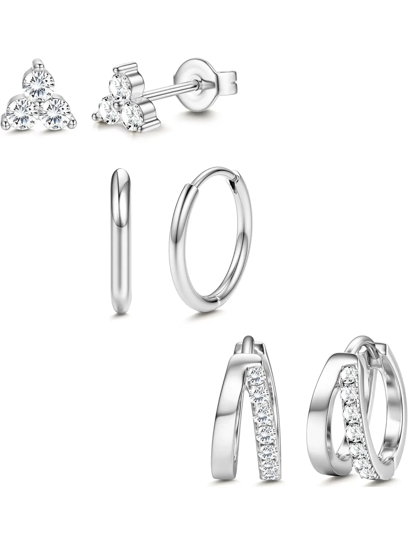 3 Pairs Silver Color Hoop Earrings for Women, Small Huggie Hoop Earrings, Hypoallergenic Lightweight, Multiple Piercing