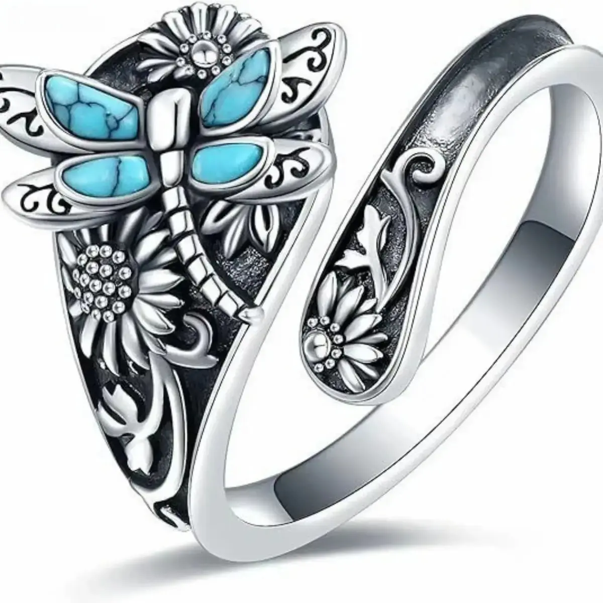 Women's Adjustable Wrap Open Ring - Turquoise Sunflower Wrap Open Ring - Retro Boho Adjustable Finger Jewelry, Southwestern Floral Fashion Accessory for Wo, Sunflower Design, Retro Boho Sports & Outdoor Accessory, Daily Finger Jewelry, Unisex, All Seasons