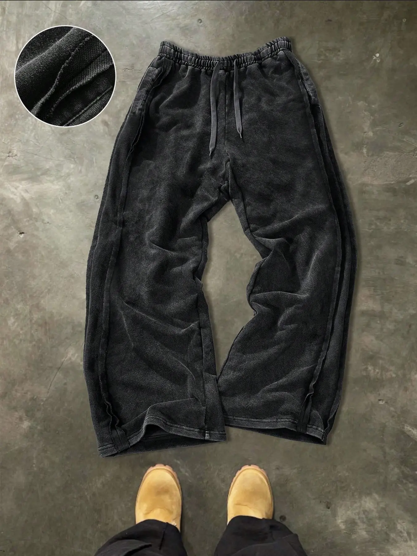 Men's Washed Vintage Hem Side Drawstring Oversized Baggy Wide Leg Sweatpants, American Retro Flowy Loose Fit Straight Leg Long Pants, Relaxed Pants, Trouser