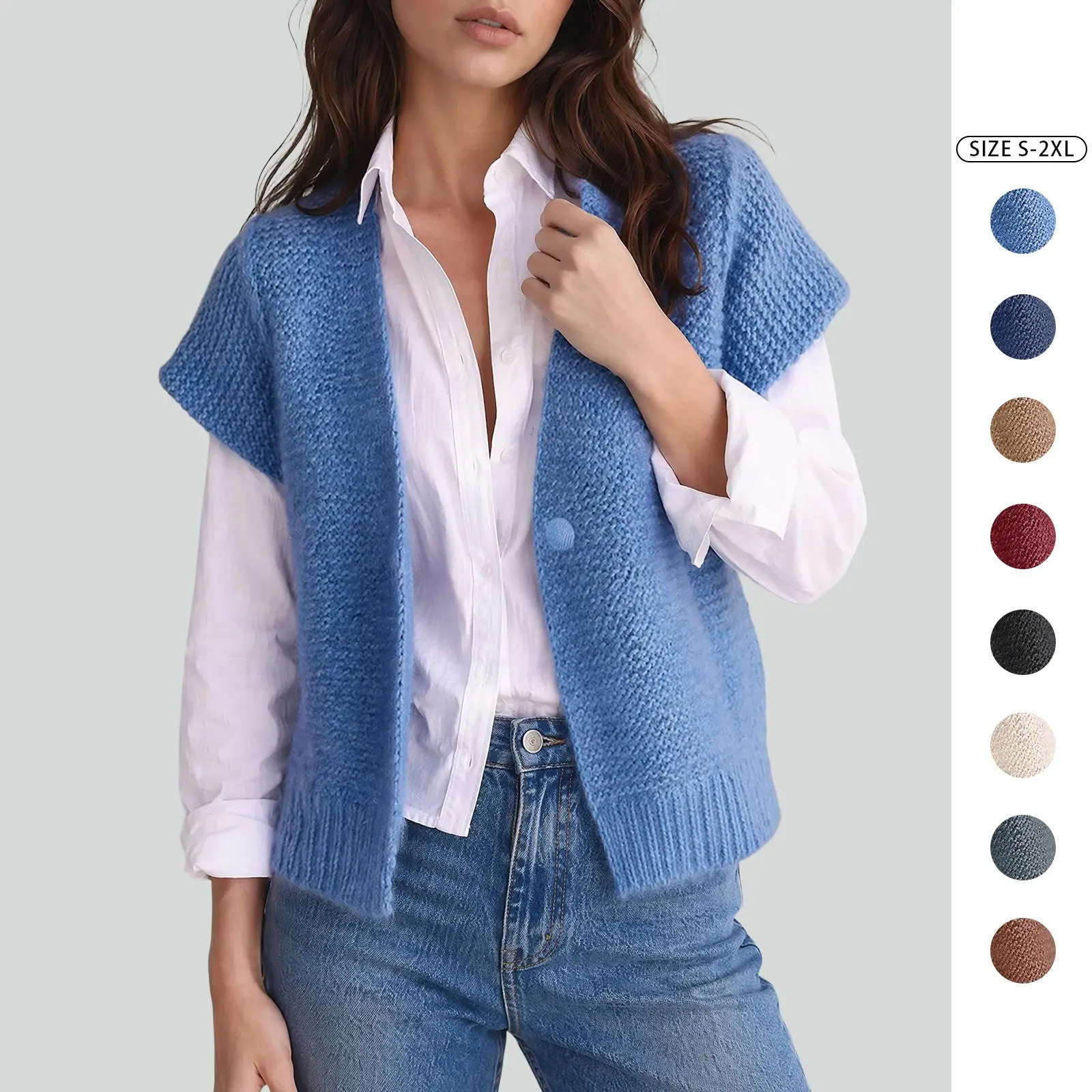 Imily Bela Women's Ribbed V-Neck Cap Sleeve Knit Cardigan Vest, Casual Tops & Blouses for Loungewear, Heather Soft Textured Single Button Short Design, Sleeveless, Knitwear, Basic, Solid, Cropped, Fabric, Simple, Sweater, Fit, Loose, Thick, Knitted Fabric