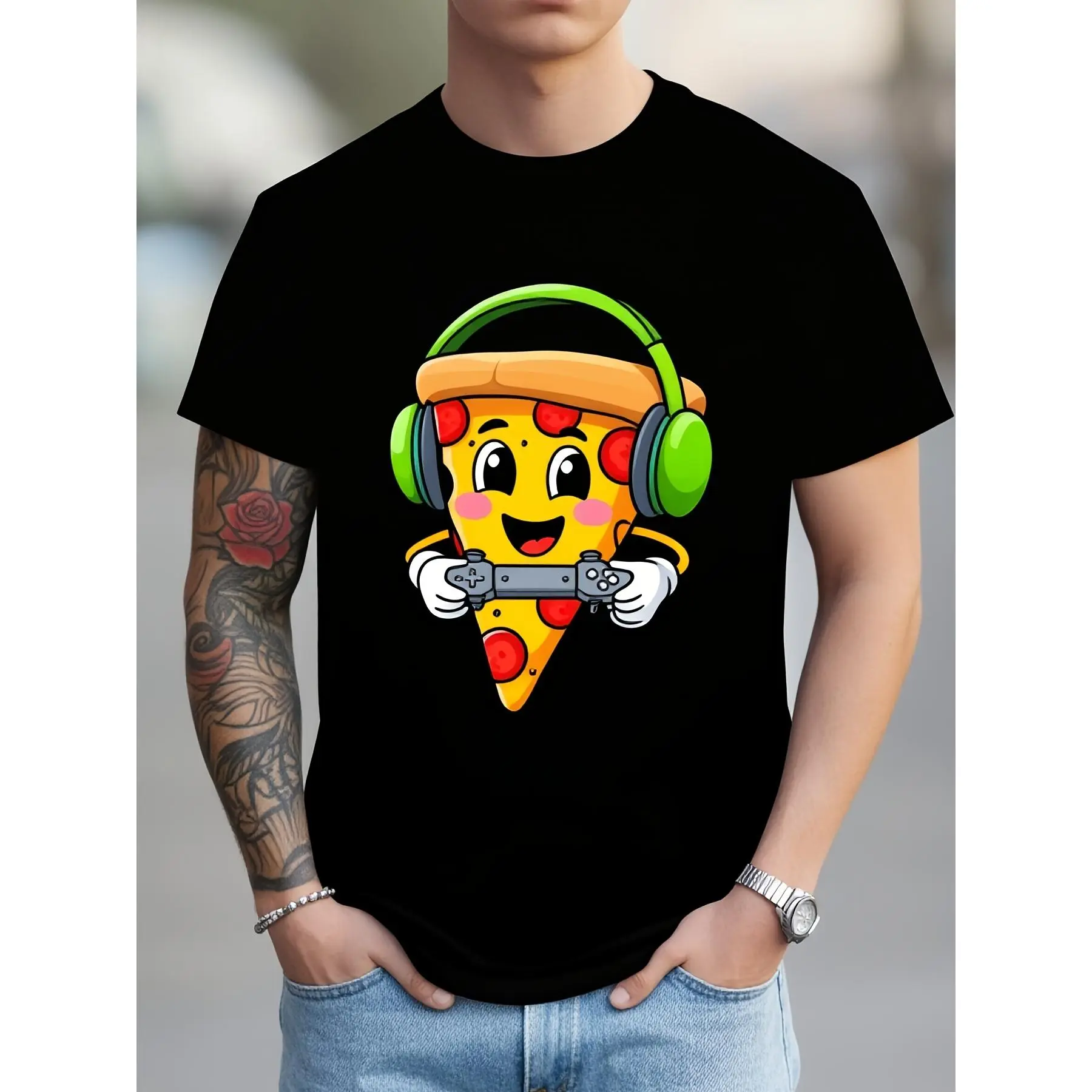 Men'S 3D Cartoon Pizza Game Graphic T-Shirt, Casual Crew Neck T-Shirt, Full of Vitality Machine Washable, Comfortable Fit Suitable for Casual Wear 2Pure Breathable Sweat-Wicking And Soft Suitable for Daily Commutes Lounging at Home And Casual Wear