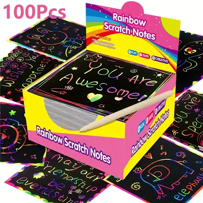 100 Rainbow Scratch Cards Art Set, Handmade, DIY, Hidden Designs, Vibrant Colors, Fun Craft Gift, Art Craft Kits, Perfect for Parties, Birthdays, Halloween, Christmas