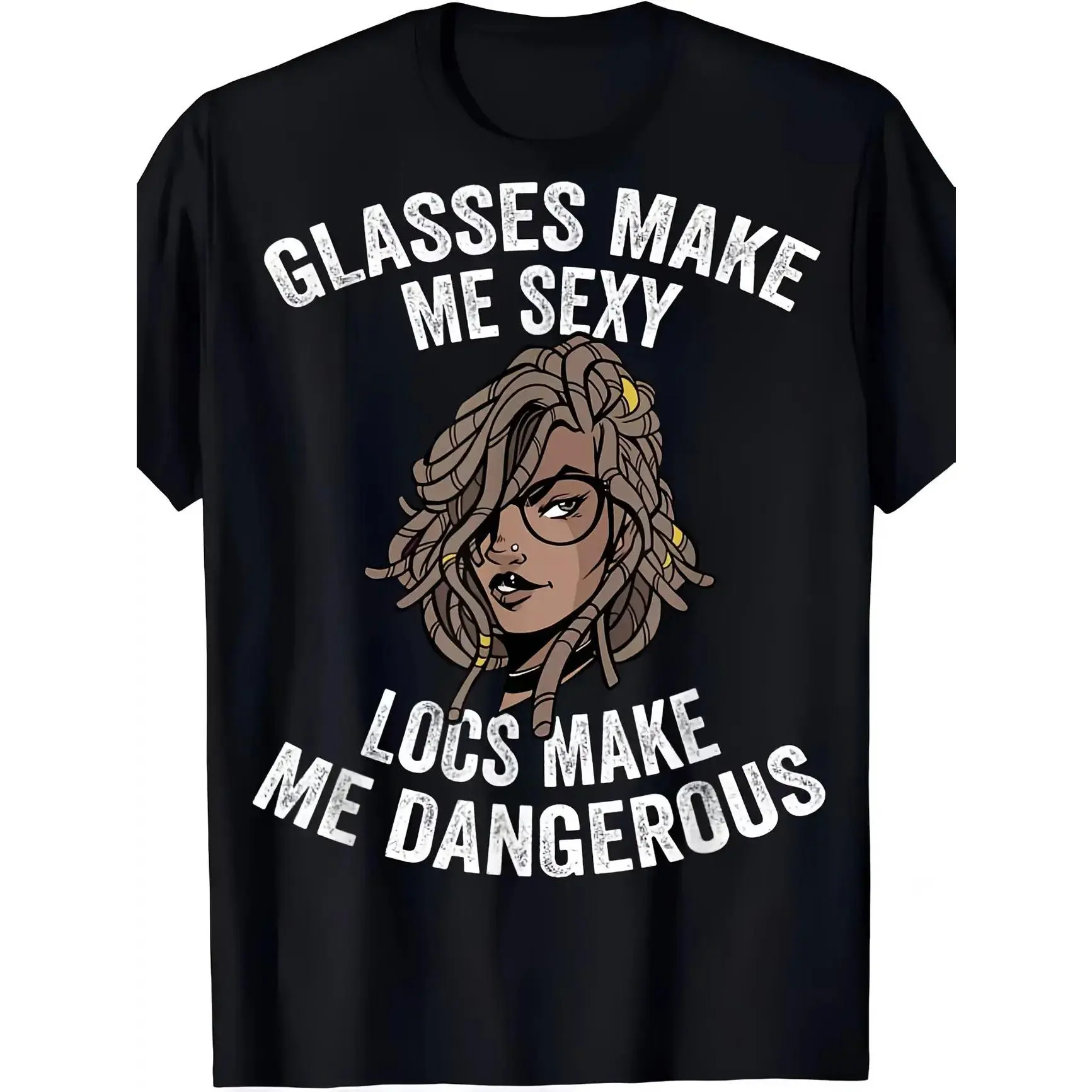 Graphic T-Shirt for Men & Women, Glasses Make Me Sexy Locs Make Me Dangerous Print, Sweat-Absorbent Natural Cotton for Personalized Matching Outfits, Soft, Daily Wear, Unisex