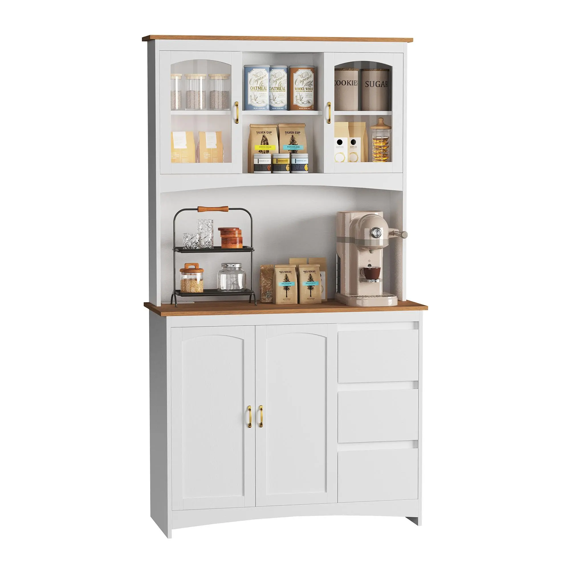 71" Kitchen Pantry Cabinet Freestanding Kitchen Storage Cabinet with Smart AC Charging Ports and USB-C App-Controlled RGB LED Lights Tall Buffet Server Sideboard Coffee Bar Cabinet with 4 Doors 3 Drawers Adjustable Shelves for Dining Room