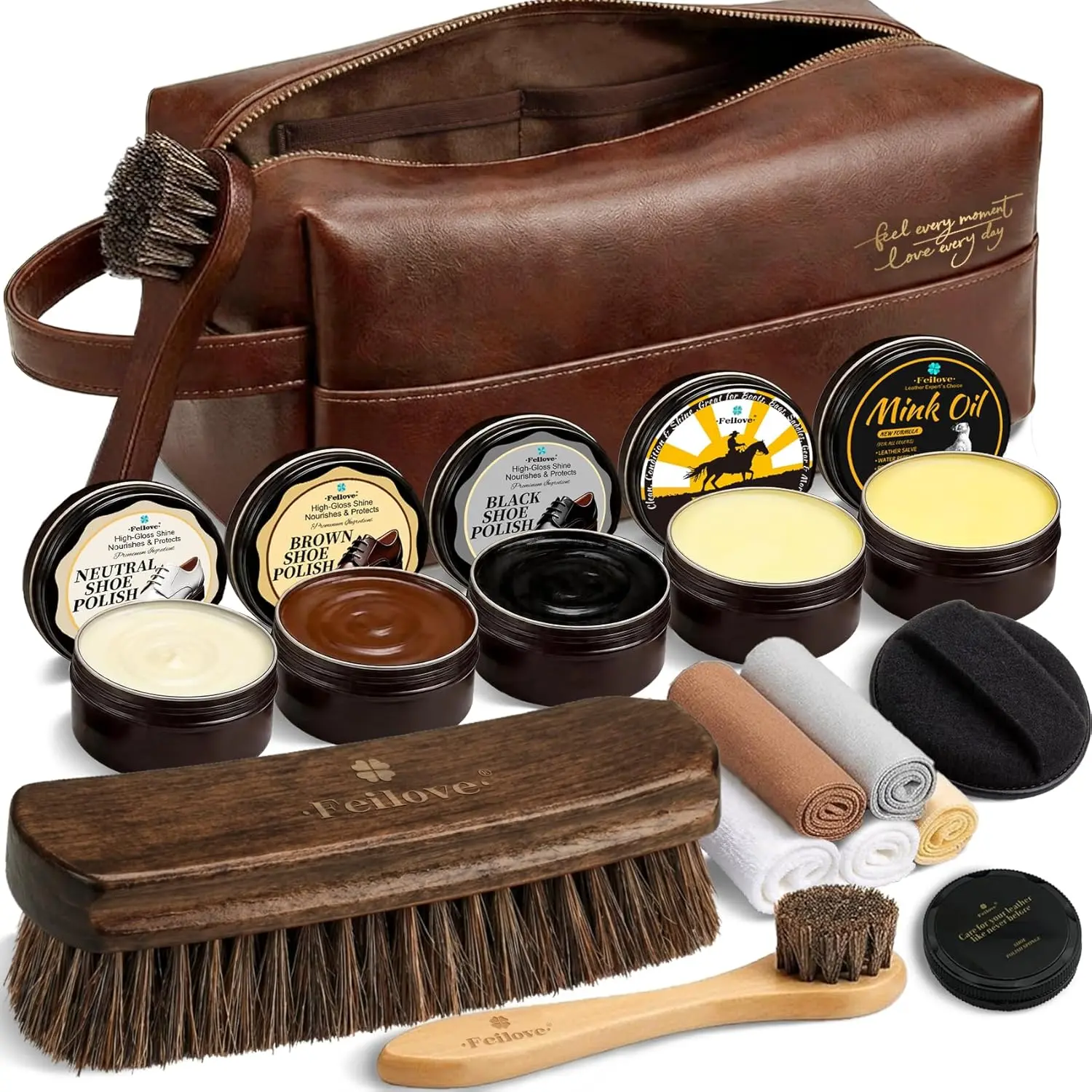 Shoe Care Kit – 16-in-1 Leather Shoe Polish, Cleaning & Conditioning Kit with Saddle Soap & Mink Oil – Black/Brown/Neutral Shoe Polish, 3 Horsehair Brushes – Premium Storage Bag – Gift for Men & Women