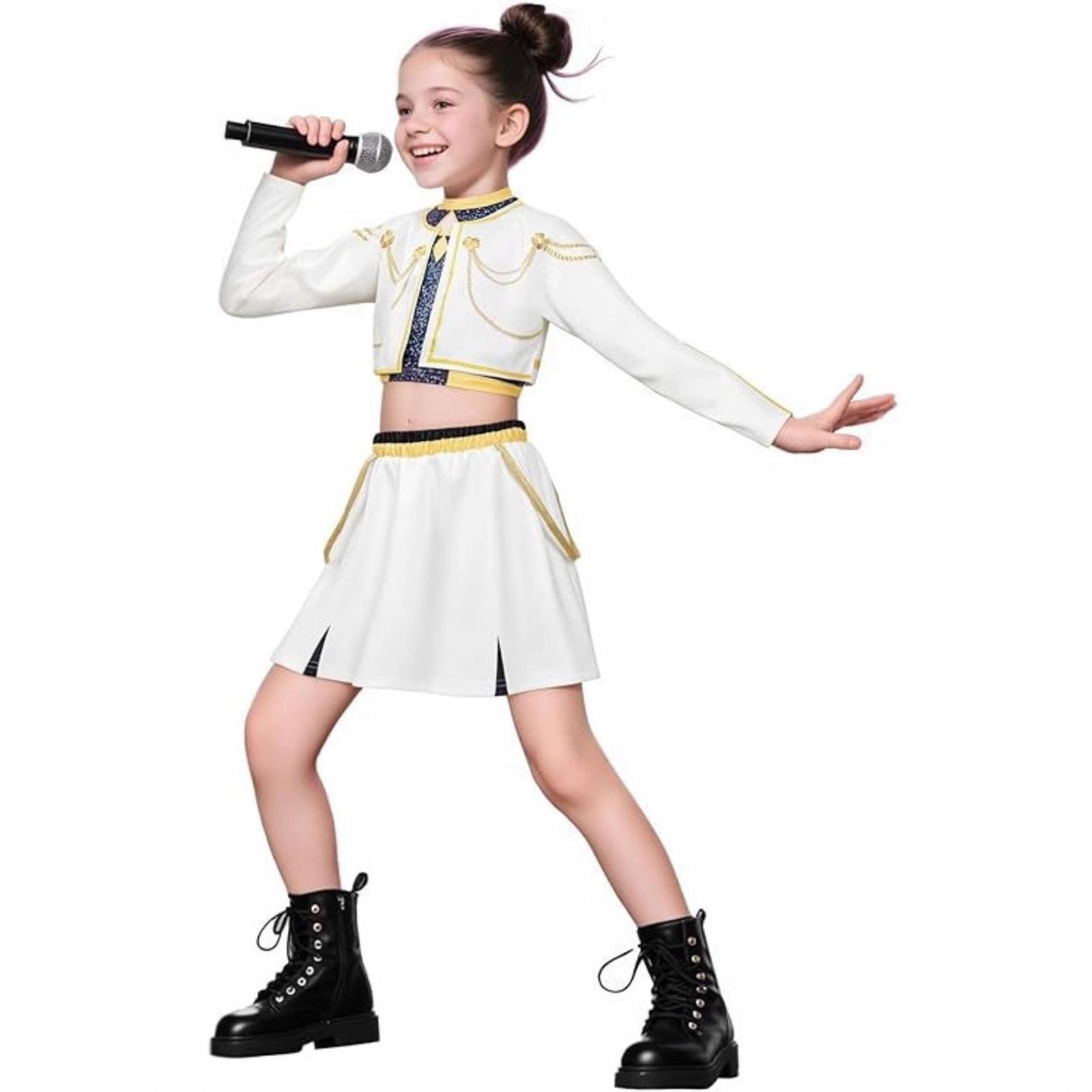 Girls’ 3-Piece Halloween Performance Costume Set, Printed Split Mesh Top and Matching Bottoms, Girls Dance Stage Party Role-Play Outfit