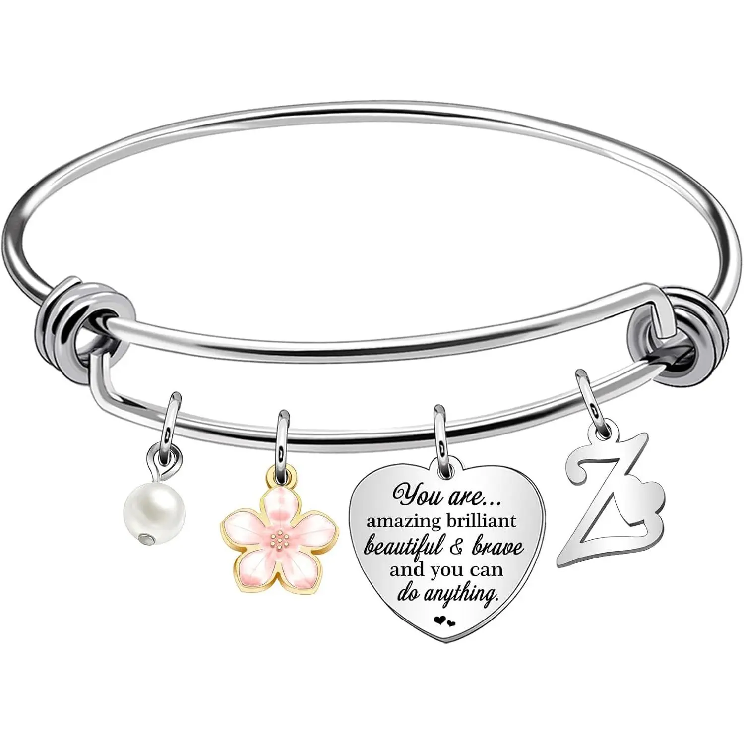 Inspirtional Bracelet ,Funny 26 Letter Initial A-Z  Heart Dangle Bangle For Women Lady Daughter Mom Sisters  Colleague Birthday Christmas Reminder