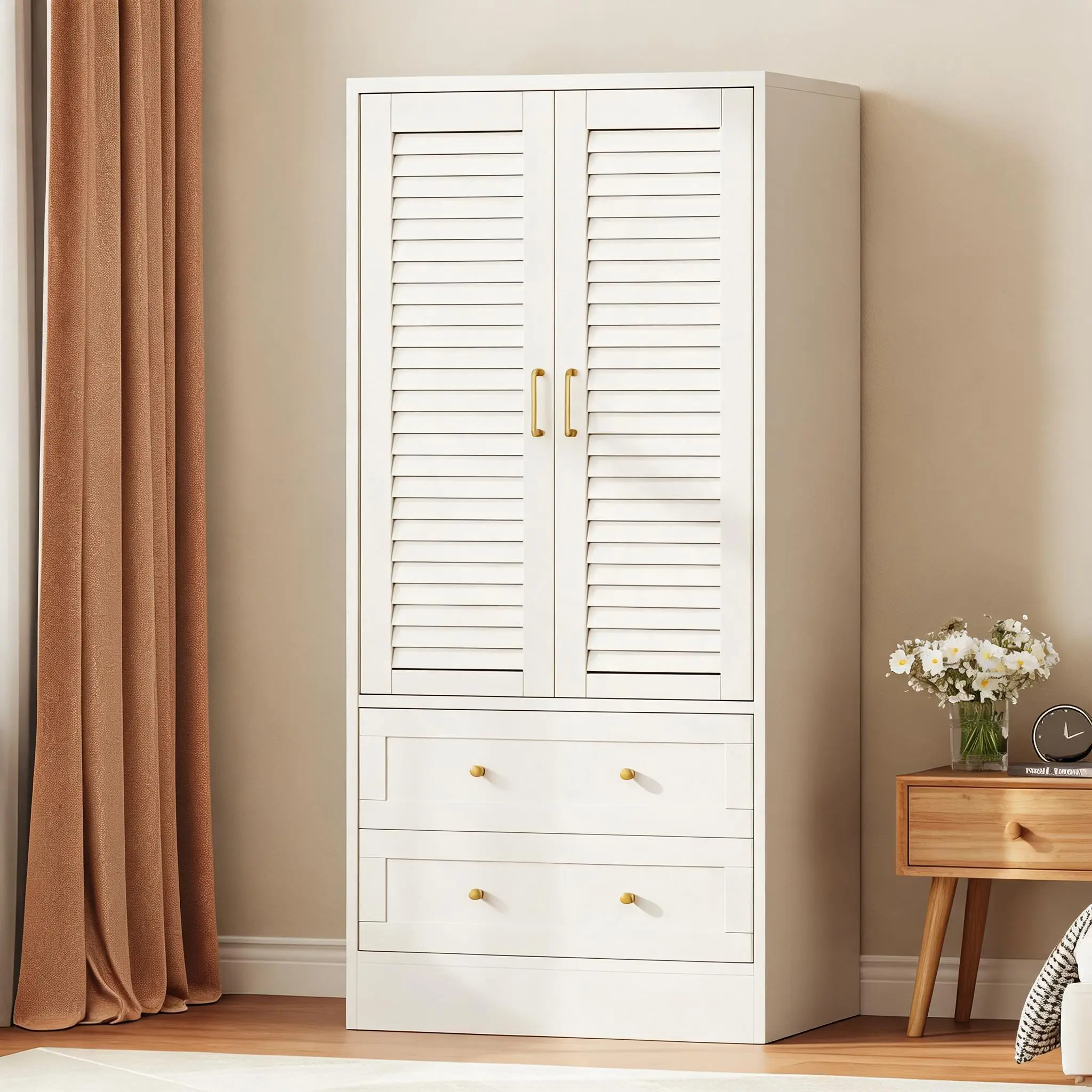 Spacious 65" Composite Wood Wardrobe Closet – Louvered Double Doors, 2 Drawers, Hanging Rod, Large Multi-Functional Storage Cabinet for Bedroom, Entryway, Laundry, or Cloakroom – Durable, Modern Design