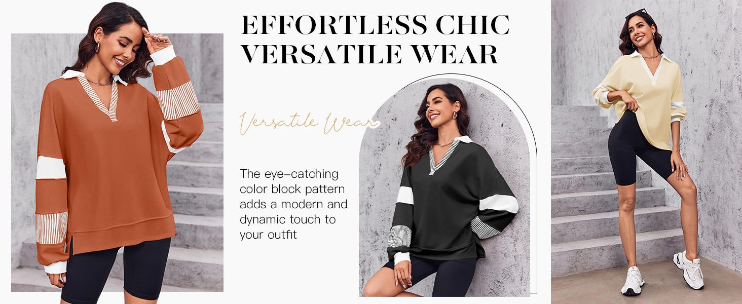 Imily Bela Womens Color Block Oversized Sweatshirt V Neck Long Sleeve Casual Loose Pullover Tops