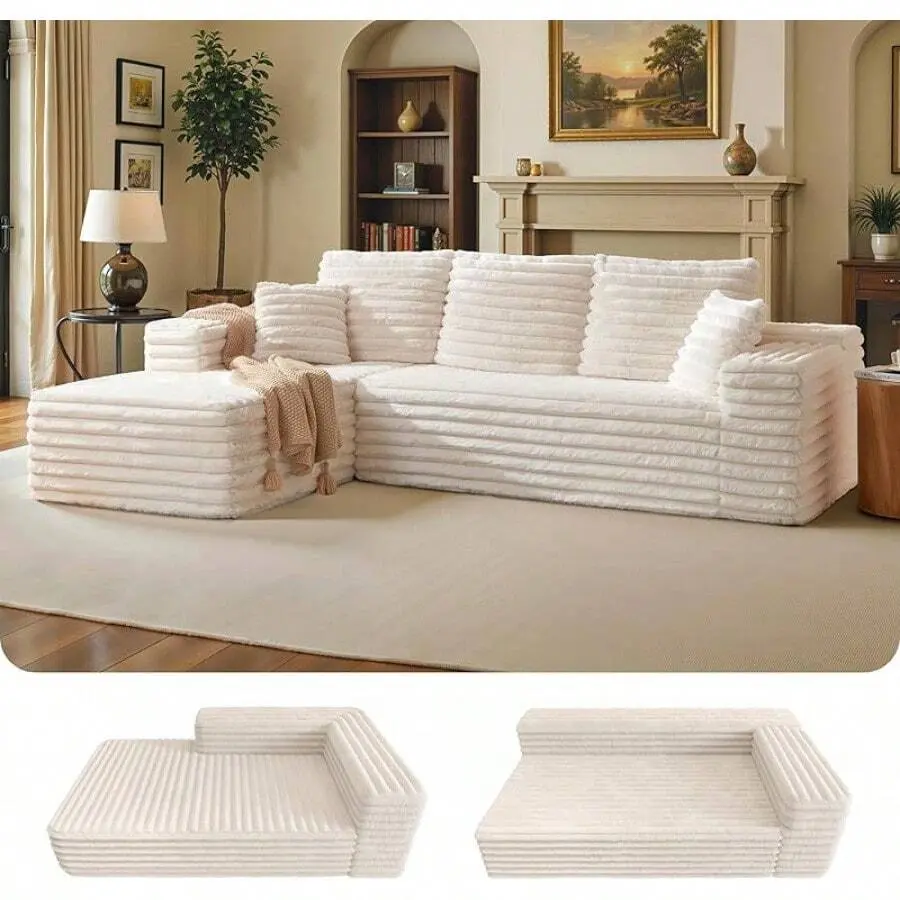 106" Wide Oversized Modular L-Shaped Sectional Sofa for Living Room, Deep Seat Cloud Couch with Plush Corduroy Upholstery, Modern Boneless Arms, Tool-Free Assembly, Cream