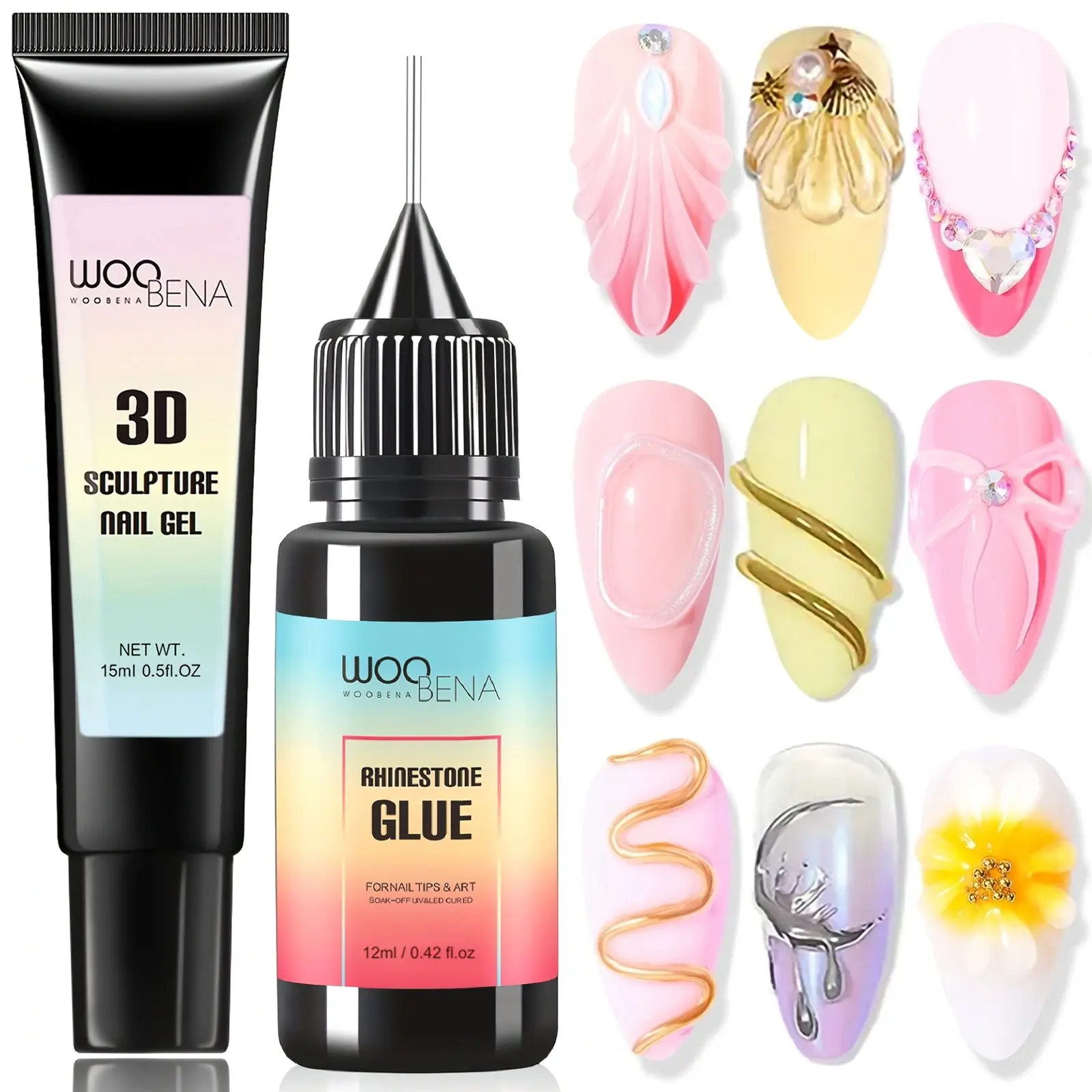 12ml Nail Rhinestone Glue & 15ml 3D Gel Nail Art Sculpting Gel Set, Nail Art Design Strong Adhesive Nail Gem Glue for Nail Charms Gems Jewelry Decoration DIY Manicured at Home Cured Need Beauty Gifts for Women