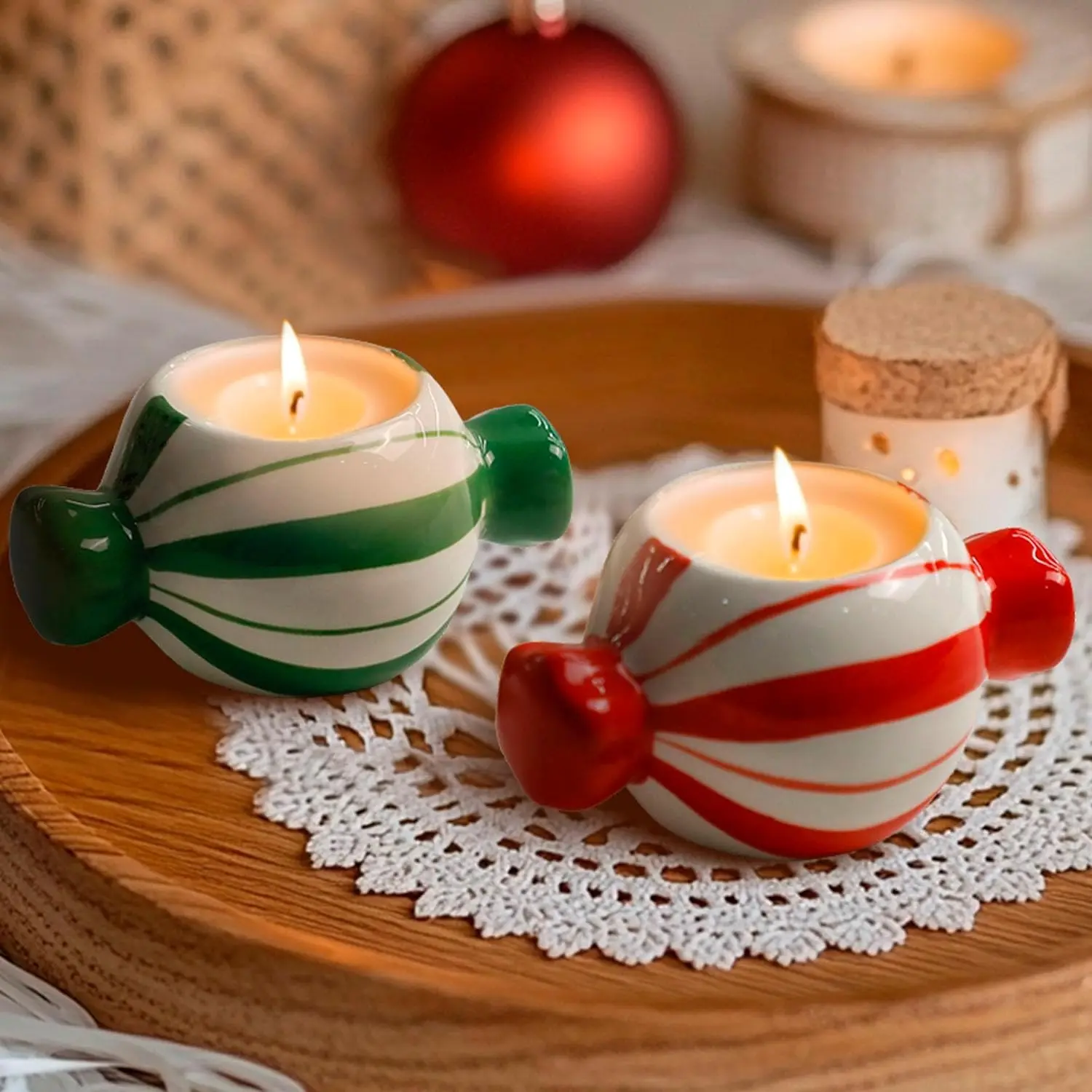 2-Pack Candy Ceramic Candle Holders, Christmas Decorative Centerpieces, Suitable for Home, Wedding, Holiday Parties, Holds 1.5-Inch Candles and LED Lights