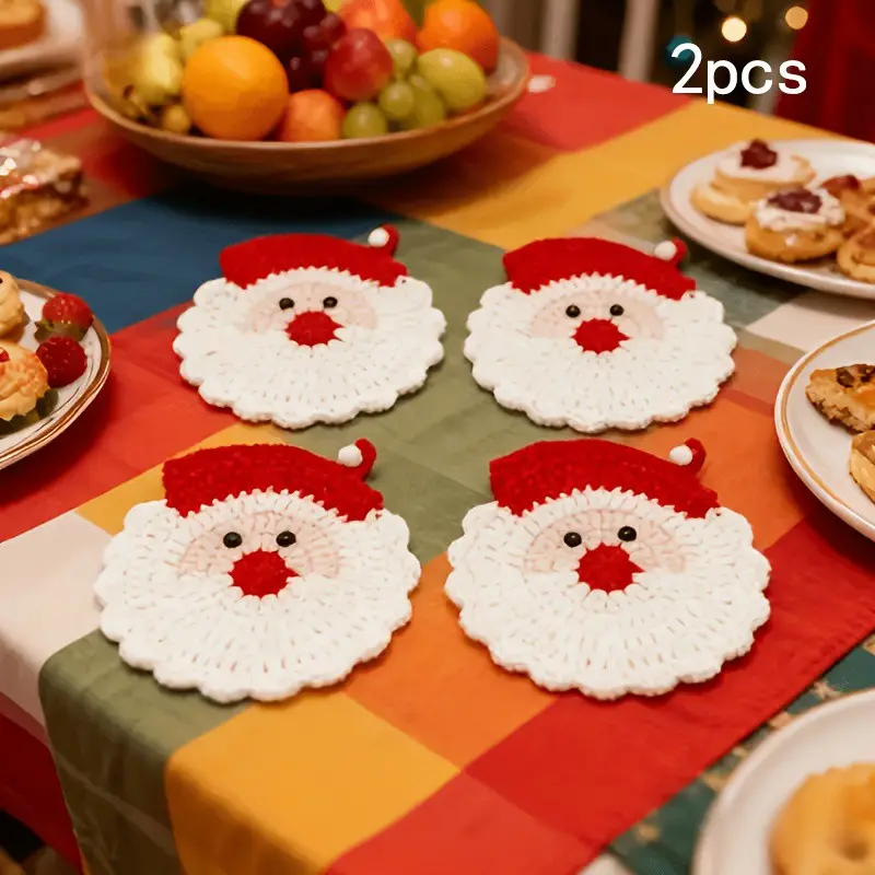 Set of 2 Hand Crochet Santa Claus Coasters, Christmas Wreath Style, Heat Resistant, Handmade, Festive Table Decor, Holiday Gift