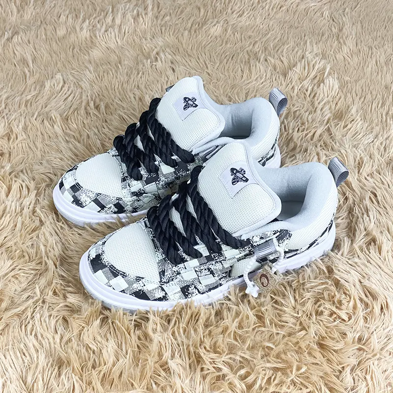 Distressed Black White Checkerboard Mesh Platform Skate Sneakers for Men Women, Thick Twisted Black Rope Laces Decorative Hang Tag Y2K Hip Hop Street Casual Board Shoes, Trendy Height Increase Daily Walking Footwear