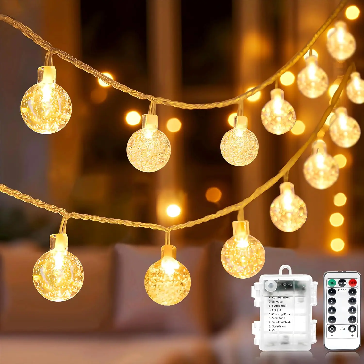 ANJAYLIA Globe Ball String Lights, 16.4ft 50 LED Battery Operated Fairy Lights with Remote, Timer, 8 Modes, Warm White Waterproof Indoor Outdoor Hanging Lights for Patio Bedroom Garden Party Holiday Decor