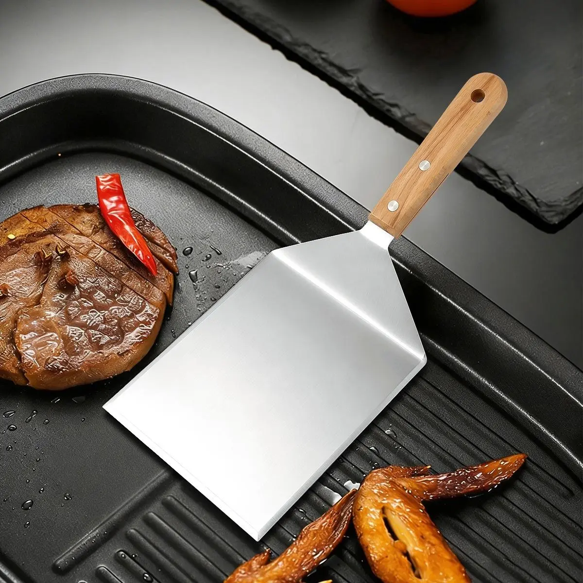VFVHOME 1pc Stainless Steel Spatula, Stainless Steel Cooking Spatula, BBQ Spatula, Teppanyaki Spatula, Steak Knife Spatula, Pizza Spatula - Ergonomic Wooden Handle, Ideal for Grilling, Cooking, Baking, Serving Cakes, Pizza, and Cheese, for Home