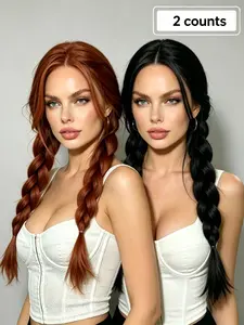 Copper Red and Natural Black Double Braid Wig 13x4 HD Lace Frontal Wig with Baby Hair  Copper Red Double Braided Synthetic Lace Front Wig Natural Black Double Braid Synthetic Lace Front Wig for Daily Wear Halloween Holiday Party Christmas Cosplay Wig