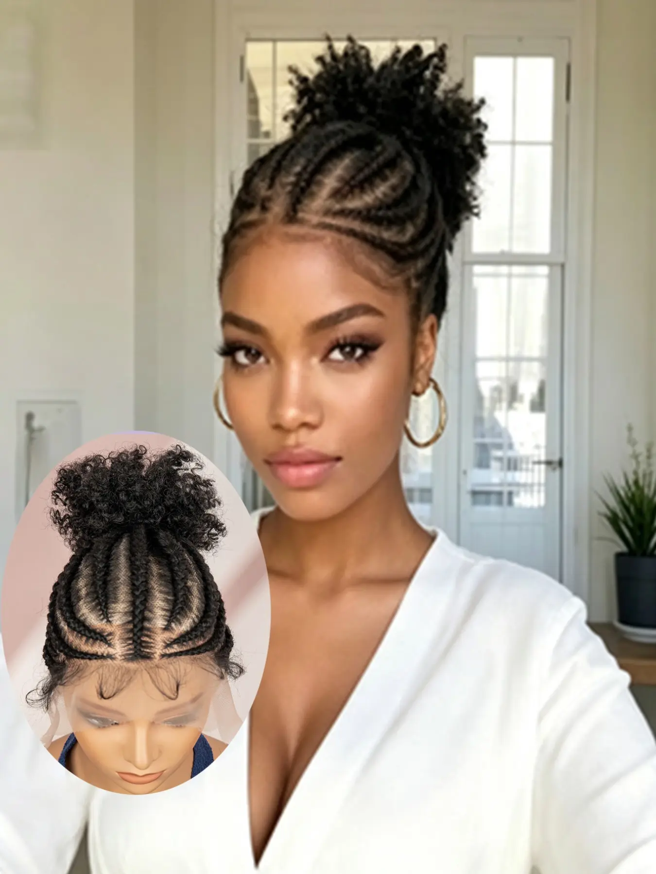 6inch Lace Front Synthetic Cornrow Braided Wig, High Kinky Curly Puff Bun, Hand Braided African Braids Wig for Women, Daily Protective Hairstyle, Braided Lace Wigs