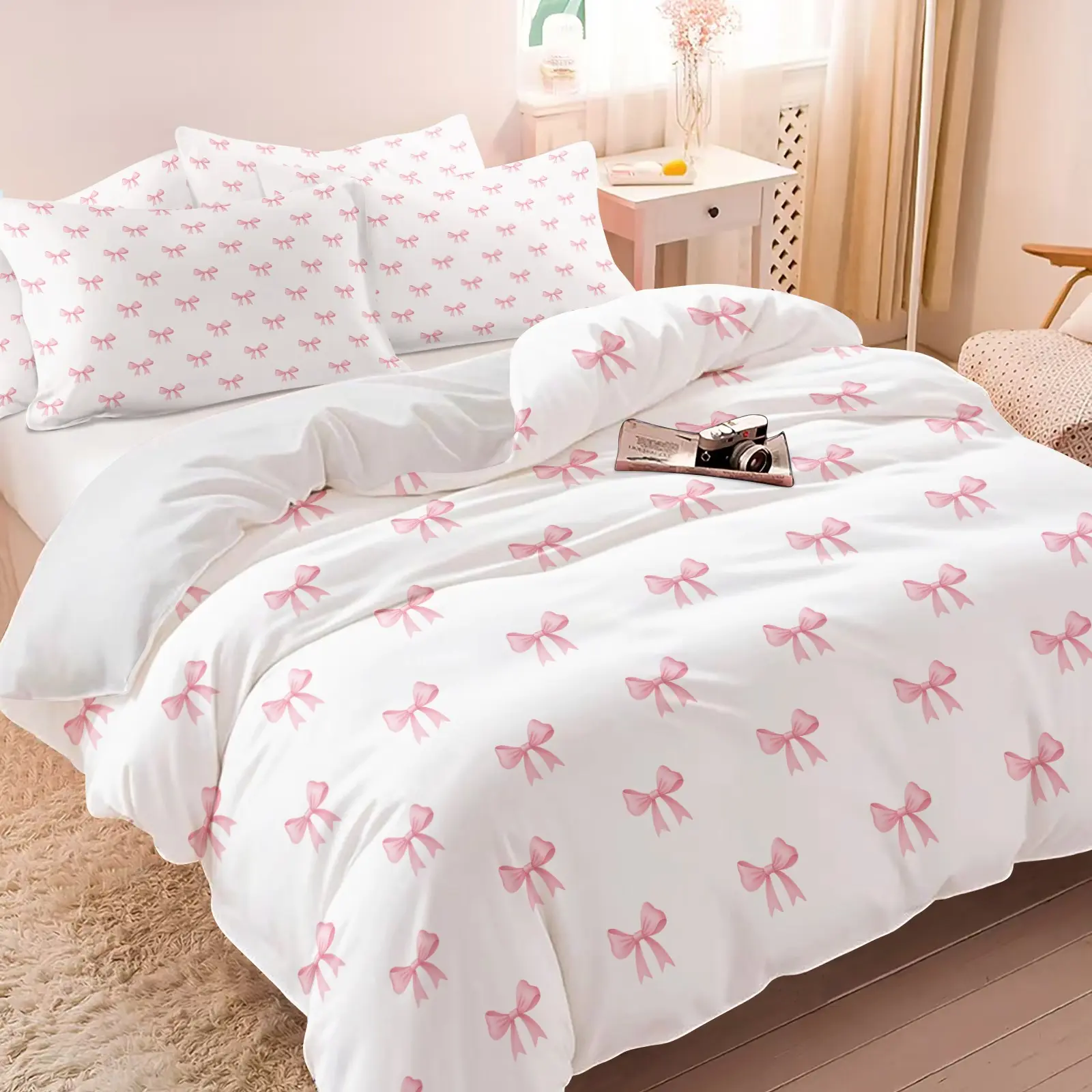 Coquette Girly Style Soft Pink Bow Duvet Cover Set, 1 Duvet Cover + 1-2 Pillowcases, Sweet Girly Style Bowknot Bedding Set, Soft Microfiber, Romantic Girly Bedroom Decoration, Perfect Gift for Bow Lovers (Available in various colors)