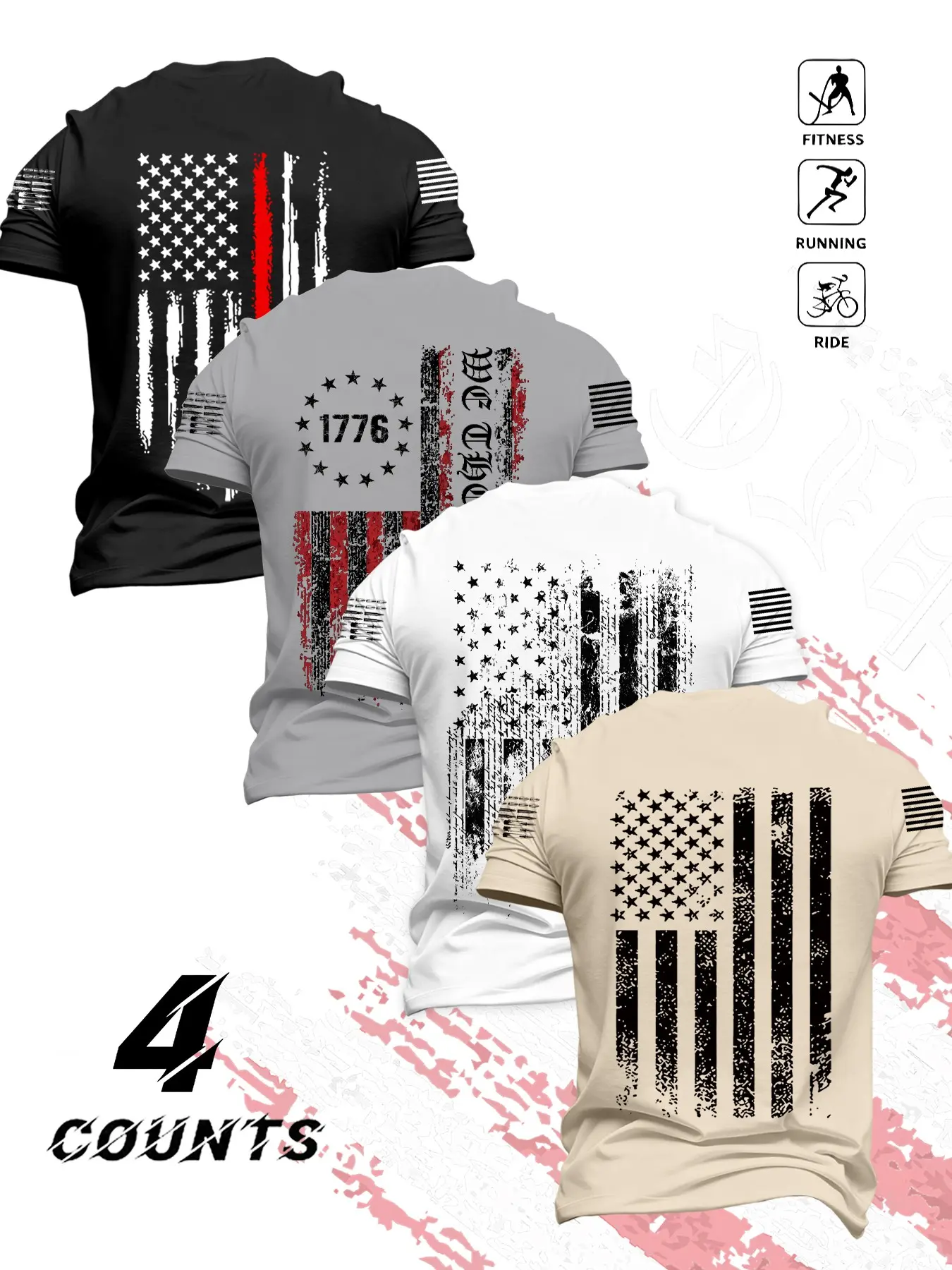 4-Pack Vintage Worn American Flag 1776 Slogan Fitted Short Sleeve T-Shirts, Usa Patriotic Military Style, High Stretch Quick-Dry Sports Tees for Men