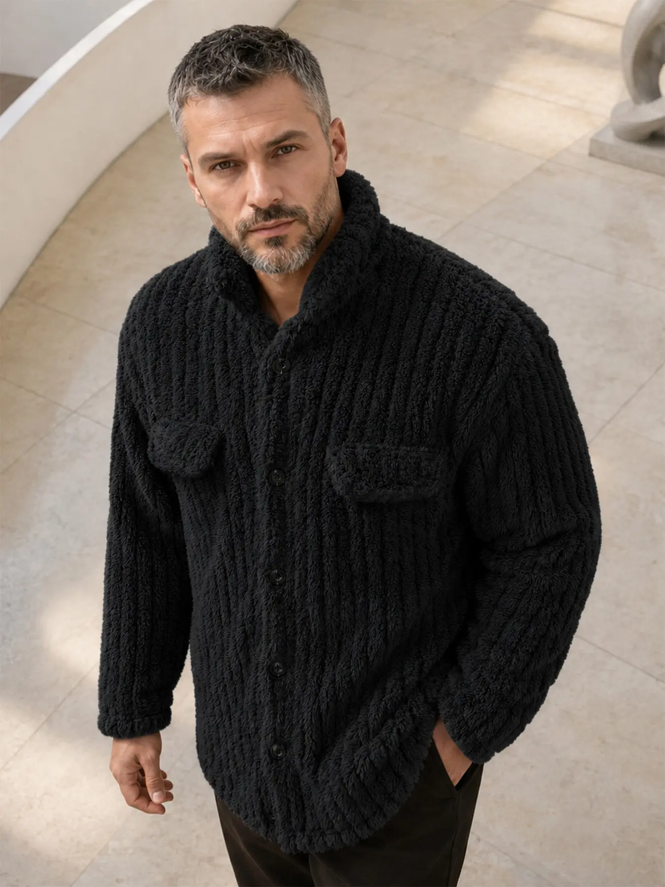 Men’s Sherpa Fleece Jacket, Soft Warm Teddy Coat with Button Front, Stand Collar, Faux Chest Pocket Detail and Side Pockets, Solid Color Casual Long Sleeve Outerwear for Fall & Winter