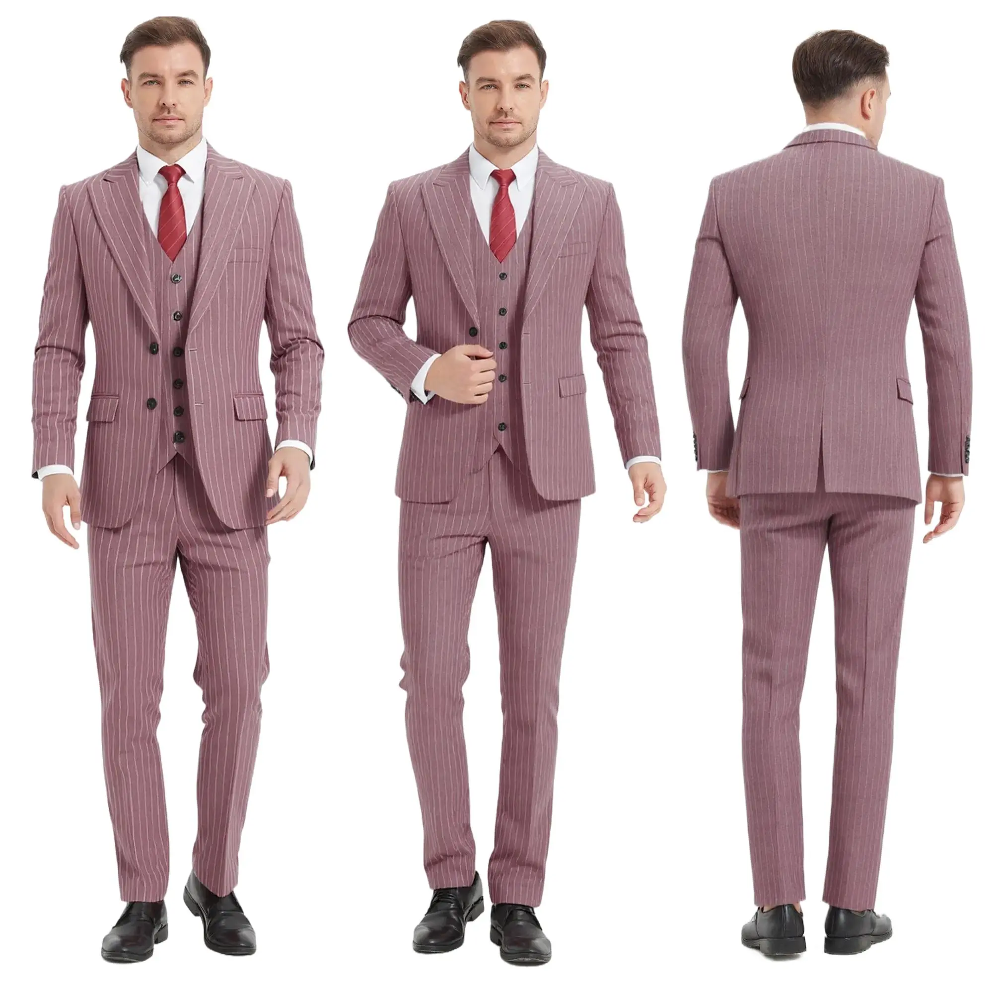 4-Piece Men’s Striped Suit Set | Luxury Lapel Blazer, Vest & Trousers | Burgundy Bow Tie + Adjustable Belt | Premium Regular Fit Fabric for Weddings, Parties & Business Events