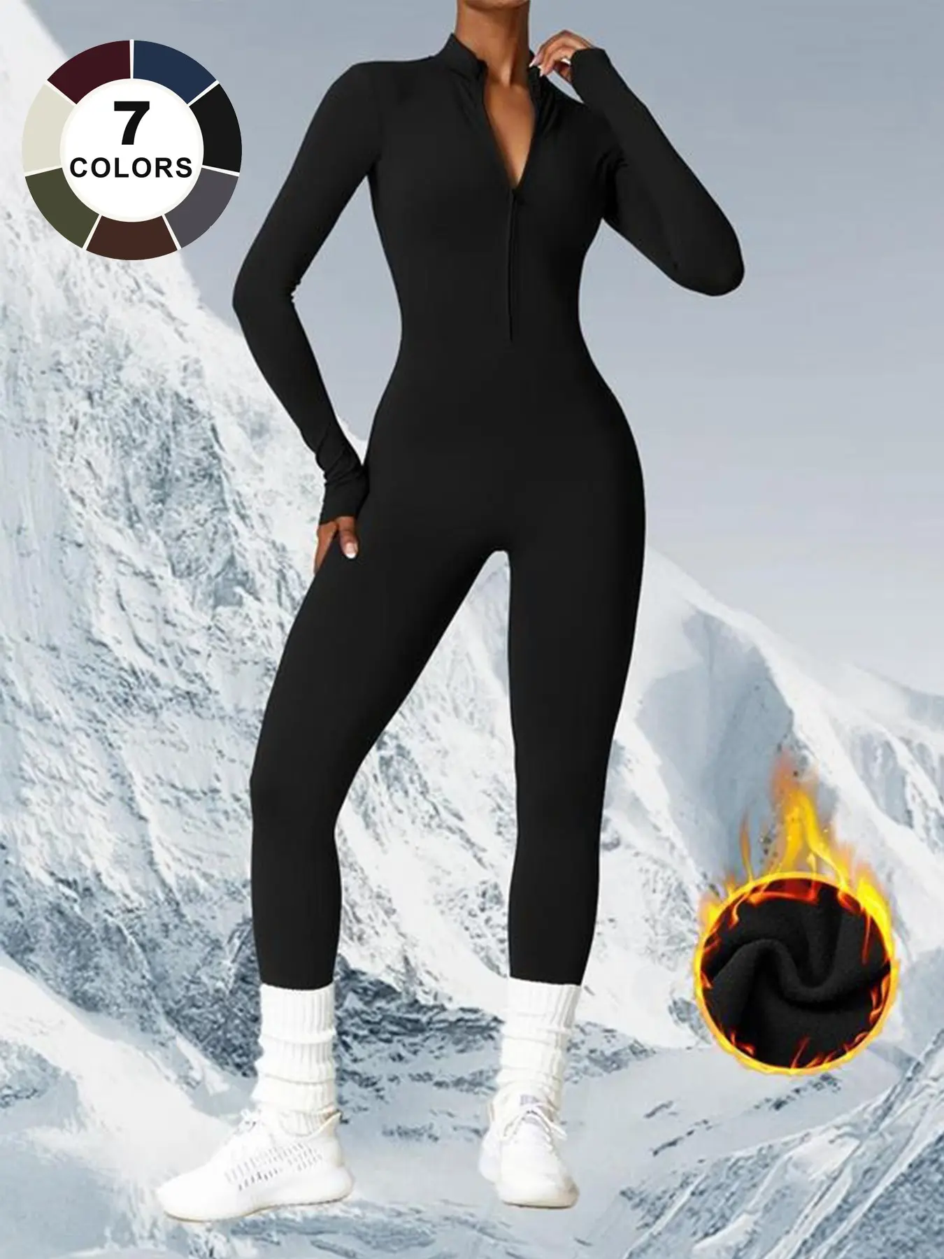 Women's Thin Fleece Zipper Long Sleeve Yoga Jumpsuit, Workout Tight Jumpsuit, Athletic Jumpsuits, Moisture-Wicking Ski Suit, Quick-Dry Warm Fall Winter Jumpsuit