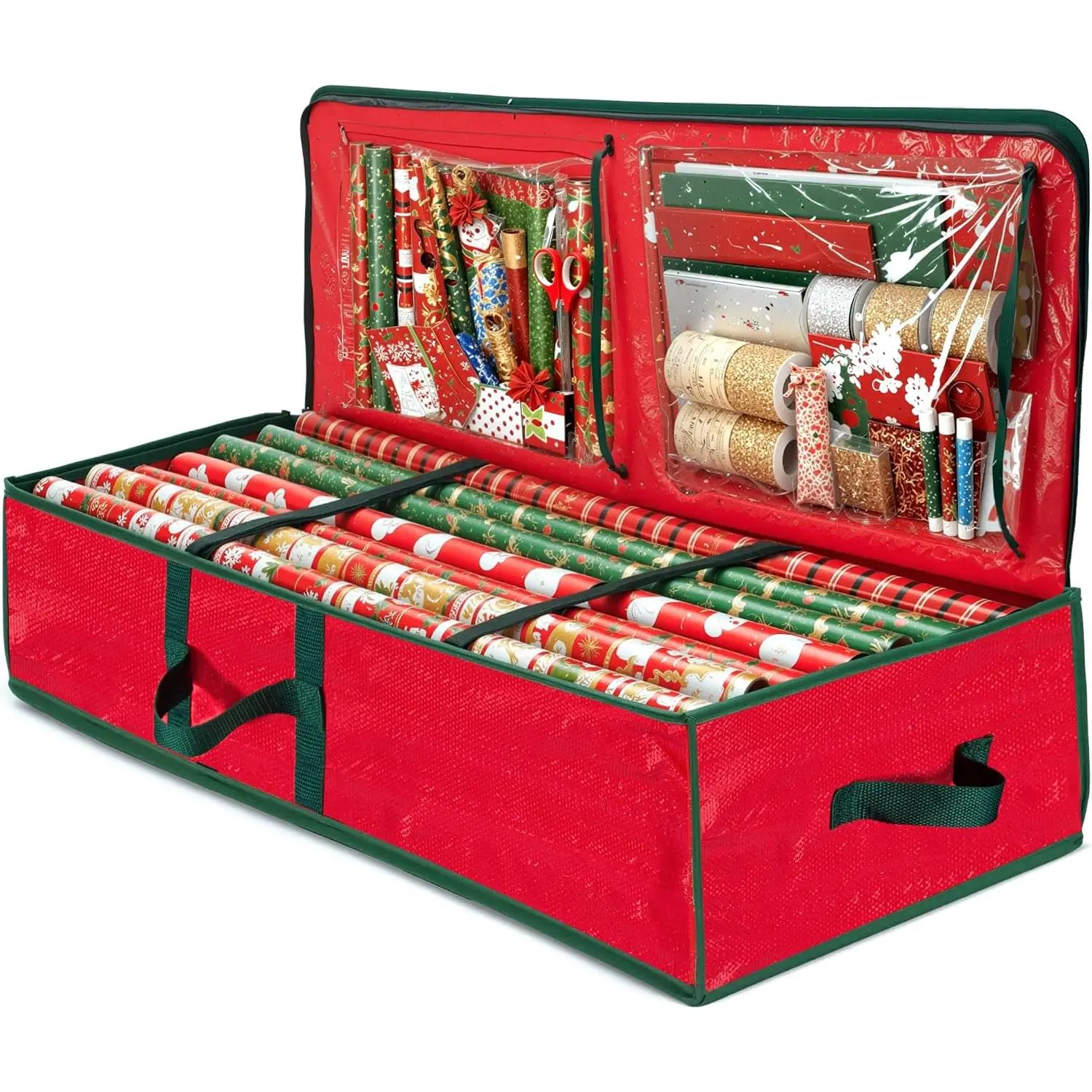 Wrapping Paper Organizer Storage - 40"  Wrap Storage Containers With Interior Pockets For Bows, Tags & Ribbons - Wrapping Paper Holder, , Fits 24 Standard Rolls, Red