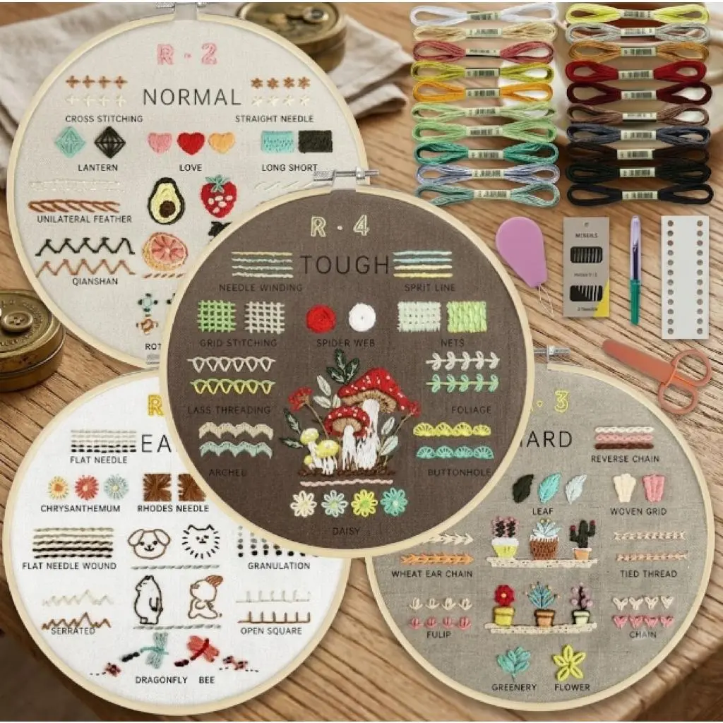 Vibrant 4-Pack Embroidery Starter Kit for Beginners, Moms – 1 Embroidery Hoop, 4 Pre-Stamped Practice Cloths, 33 Stitches, Threads, Needles, Step-by-Step Guide, Video Tutorial | DIY Needlework Gift for Christmas, Mother’s Day, Friends