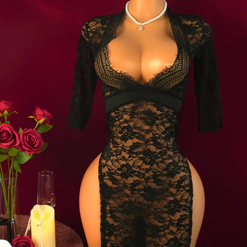 Women's Sheer Lace Stretchy Lingerie, Sexy Hollow Out Vintage Pattern Tight Fit, for 85-160 Lbs, No Necklace Included