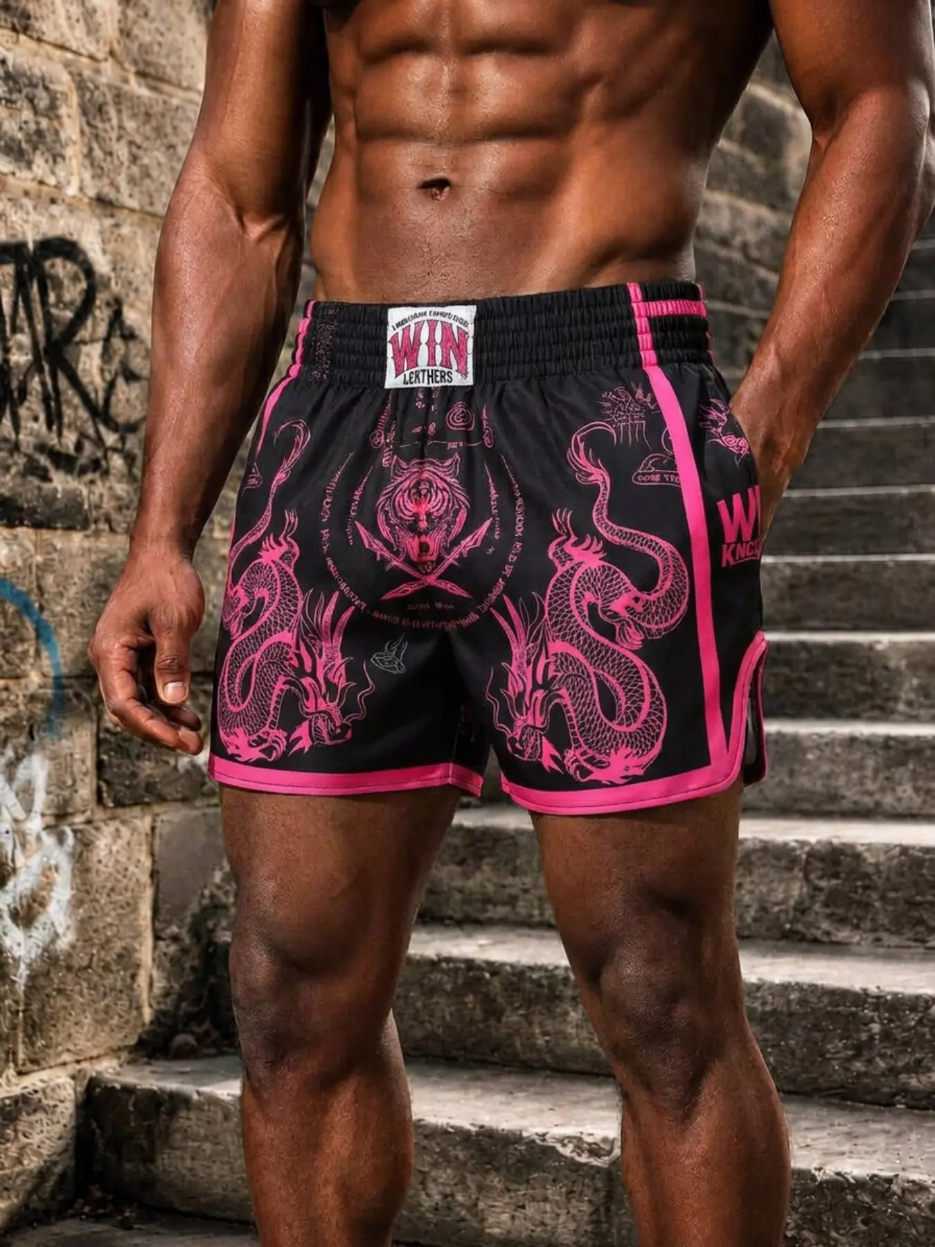 Men's Muay Thai Shorts with Neon Pink Dragon & Tiger Prints, High-Waisted Elastic Martial Arts Shorts with Side Slits, Lightweight, Ideal for Kickboxing, MMA Training and Sparring Matches