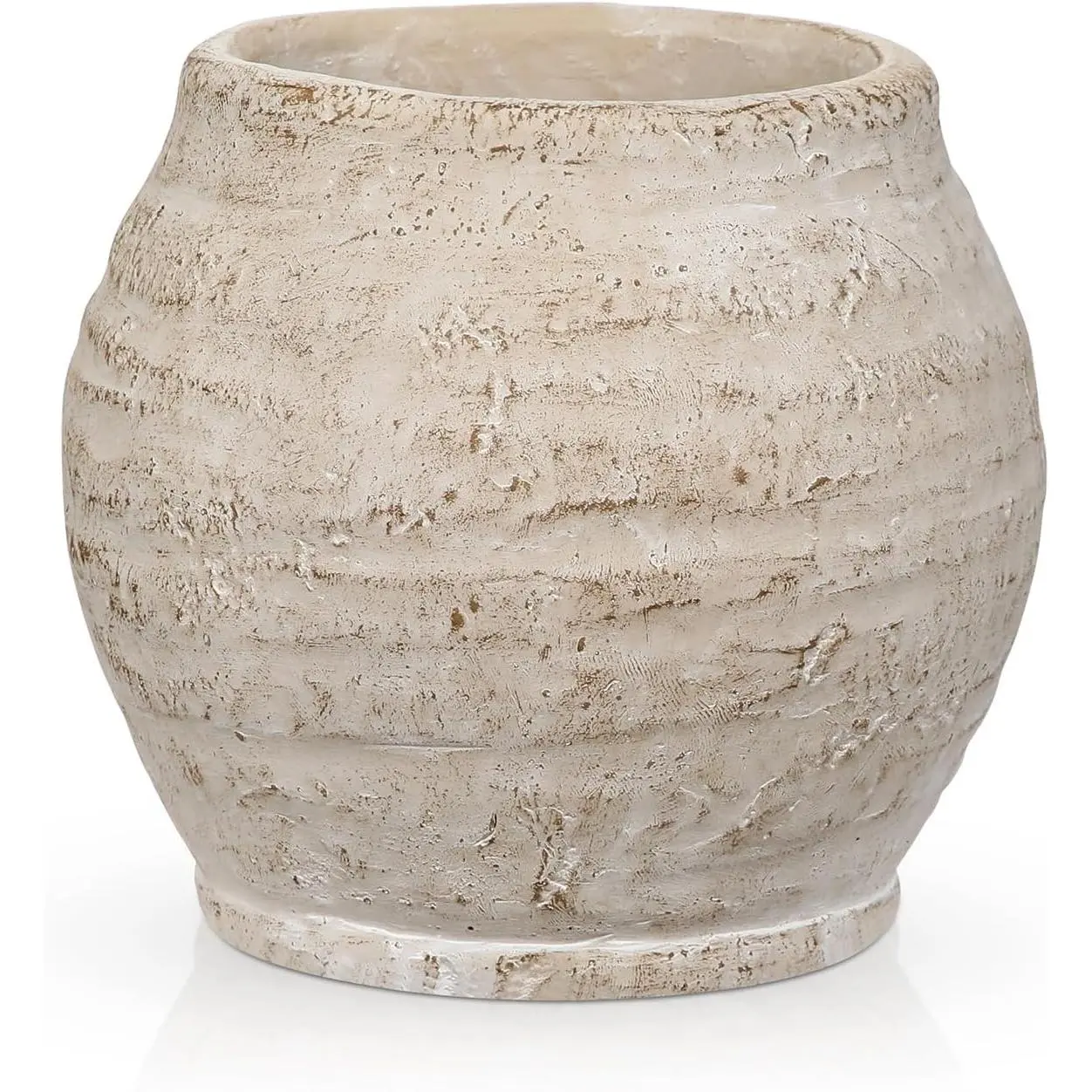 Rustic Vintage Ceramic Pottery Vase, 5.1'' Farmhouse Table Decor with Distressed Texture, Wide Mouth Decorative Jar Vases for Home Decor, Shelf & Entryway, Cream White