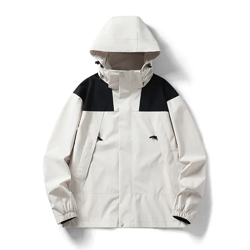 Men's Color Block Hooded Rain Jacket, Windproof Waterproof Lightweight Outdoor Coat Zip Up Breathable Hiking Camping Windbreaker with Adjustable Cuffs Multiple Colors Available