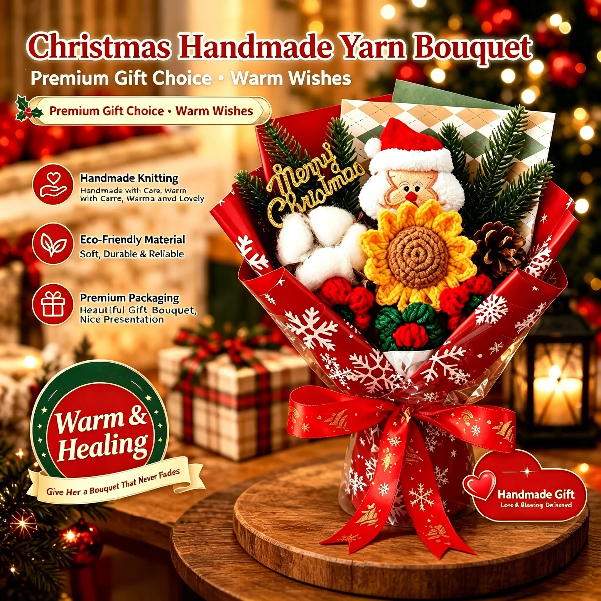 Handmade Sunflower Christmas Bouquet with Santa Claus Doll, Perfect for Mother's Day, Valentine's Day, Graduation, Office Decor