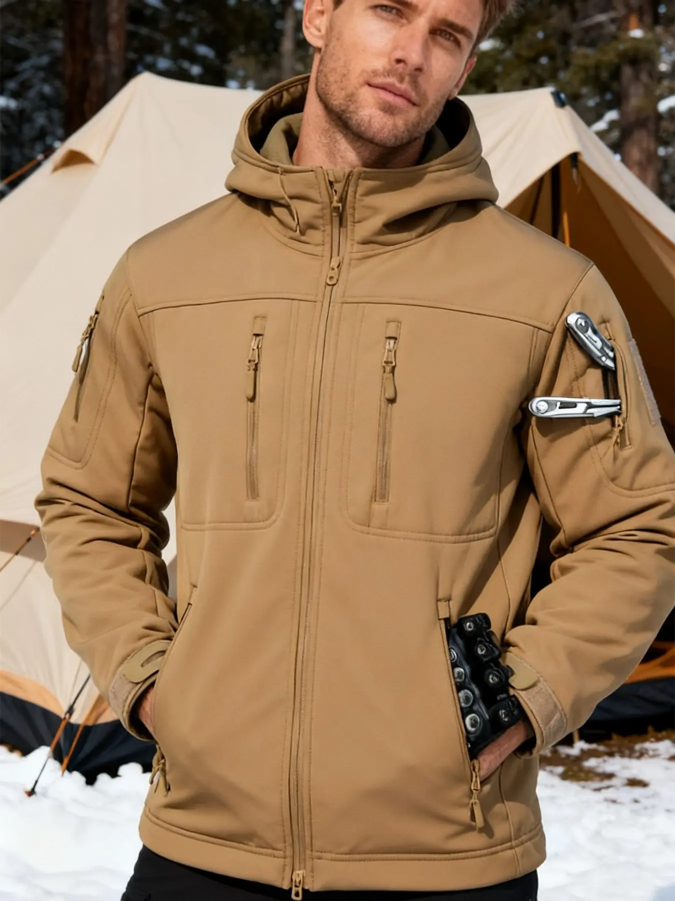 Men's Winter Shark-Skin Windproof Hooded Fleece Active Jacket with Multiple Pockets for Outdoor Sports—Multifunctional Tactical Winter Thickened Warm Jacket, Ideal for Cycling, Fishing, Mountaineering, and Hiking