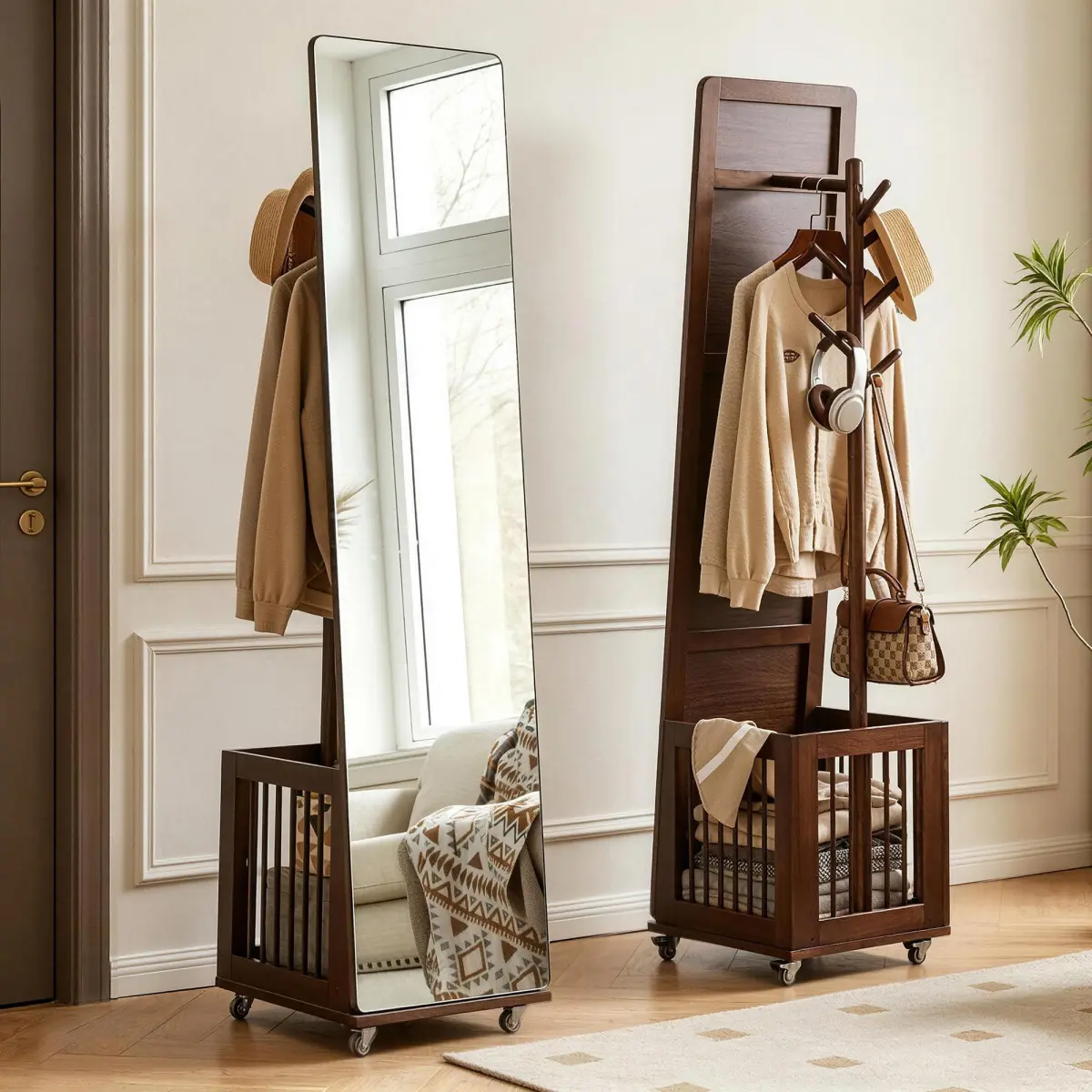 Solid Wood Rolling Coat Rack with Storage Basket, Freestanding Multi-Hook Garment Stand with Wheels, Mobile Wooden Clothes Organizer for Entryway Bedroom Hall Closet