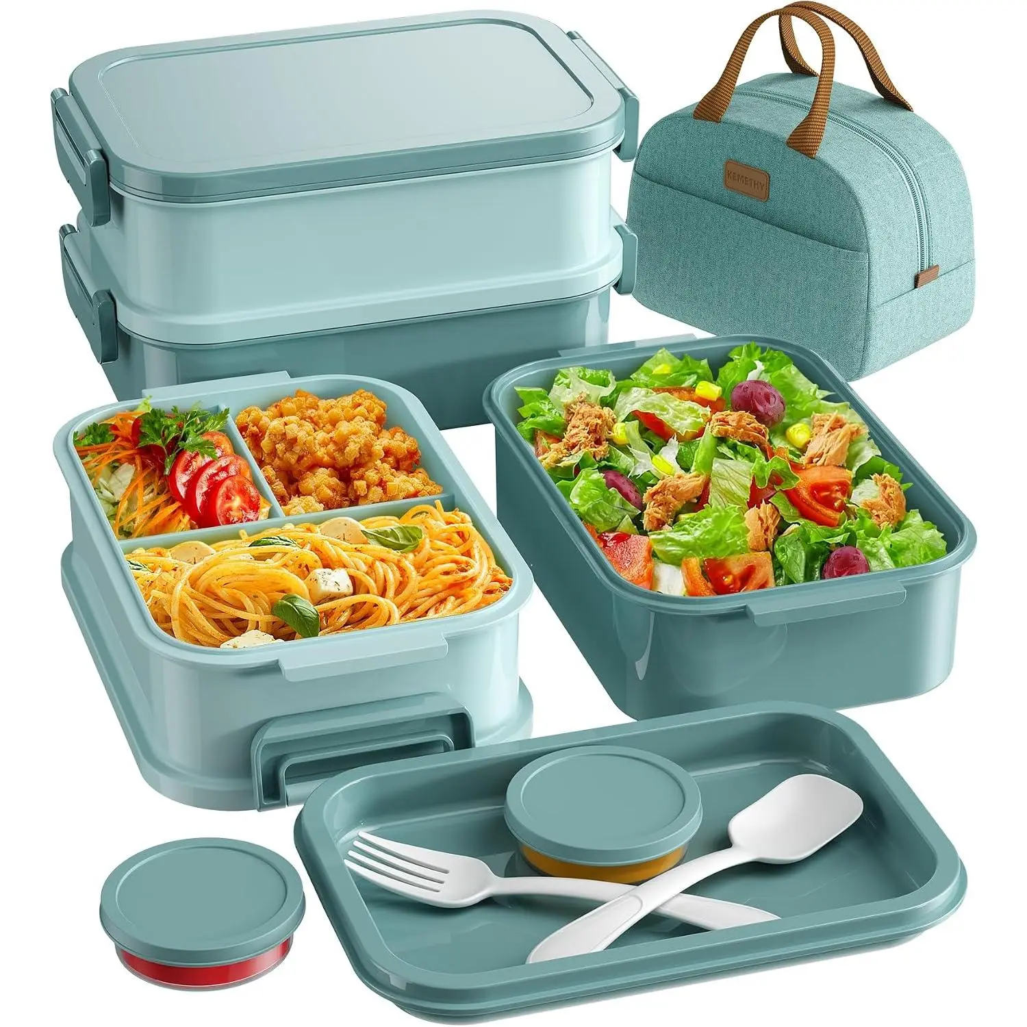 Adults Bento Lunch Box Set with Thermo Bag, 74oz Stackable Leak-proof 3-tiers Bento Box, -in Utensil and Sauce Container for Work, School, Dining Out (Green)