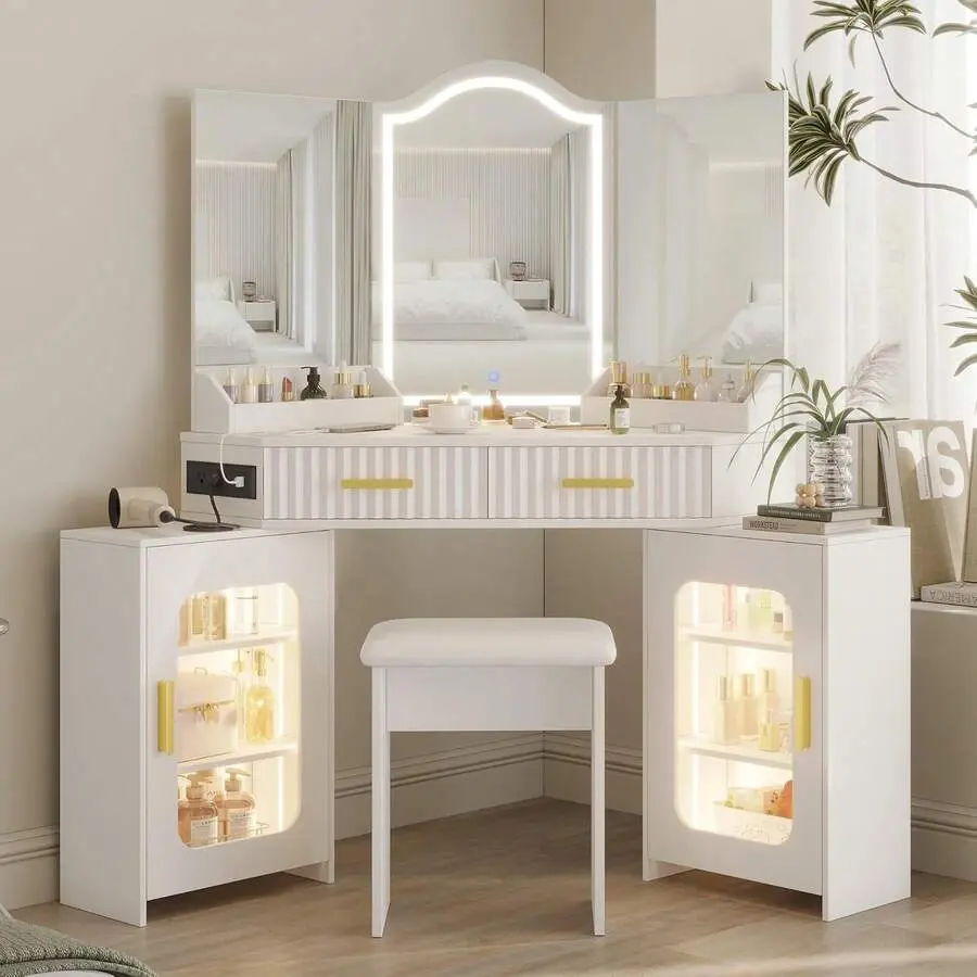 Corner Vanity Desk With 3 Way Mirror And LED Lights, Makeup Table With Charging Station, Storage Drawer And Cabinets, Modern Dressing Table With Stool For Bedroom, Women And Girls Gift