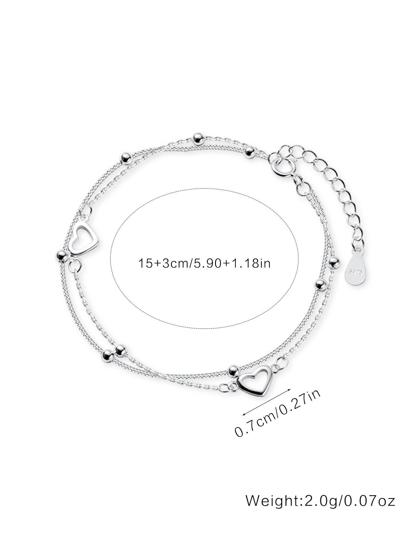 S925 Sterling Silver Heart Design Double Layered Bracelet for Women, Exquisite Trendy Link Bracelet, Chic Gorgeous Jewelry As Gift for Girlfriend, Heart Shaped Bracelet