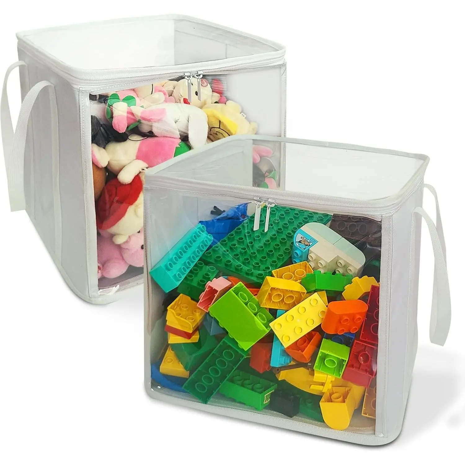 2 Pack Clear Storage Cubes with Lids, 12 Inch Toy Organizer Bins with Transparent Sides, Reinforced Carry Handles, Folds Flat for Toys, Clothes, Books, Fits Cube Shelves(Gift)