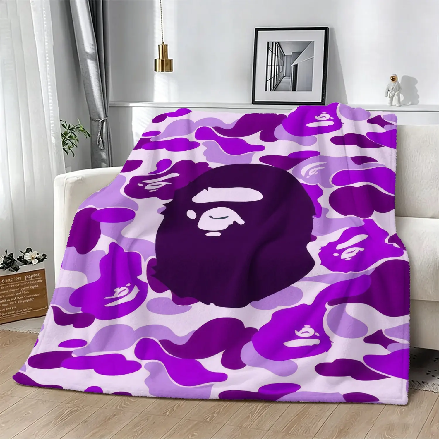 Camo Purple Large Monkey Head Logo All Over Print Throw Blanket, Hip Hop Streetwear Sofa Throw & Soft Bed Blanket, Trendy Teen Urban Bedroom Decor, Stylish Gift for Purple Camo Monkey Street Fashion Fans