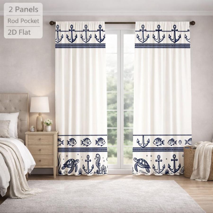 2Pcs Nautical Marine Ocean Anchor Turtle Fish Seahorse Sun Blocking Curtains Digital Printed Rod Pocket, Window Treatment For Bedroom Office Kitchen Living Room Study Home Decor