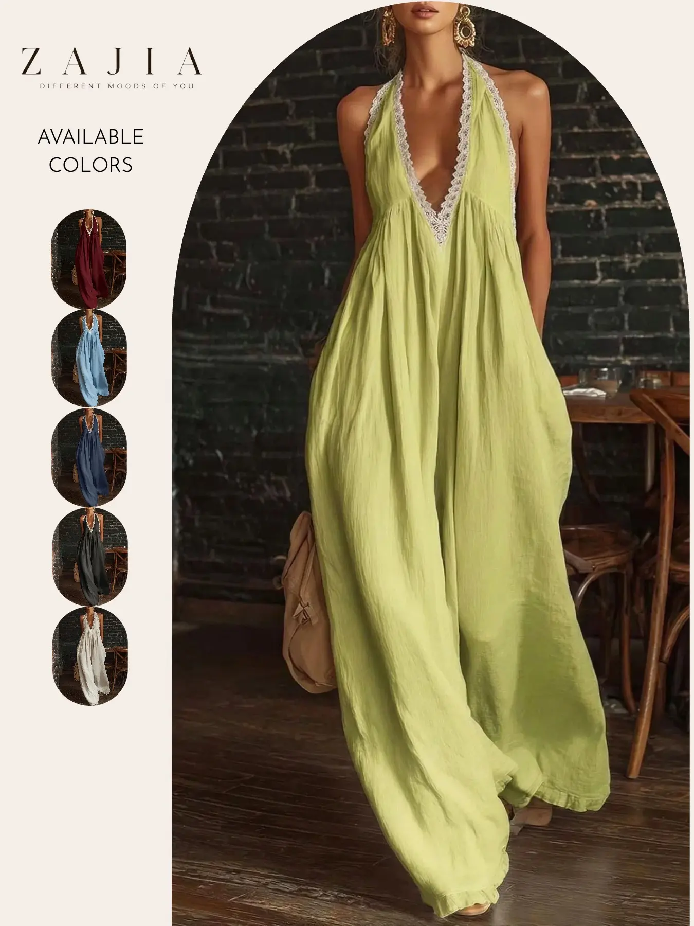 Women's Sleeveless Halter Jumpsuit, Casual Jumpsuits, Deep V Neck Lace Trim, Wide Leg Romper, Casual Loose Fit, Flowy Beach Vacation Resort Wear, Summer Travel Clothes, Elegance