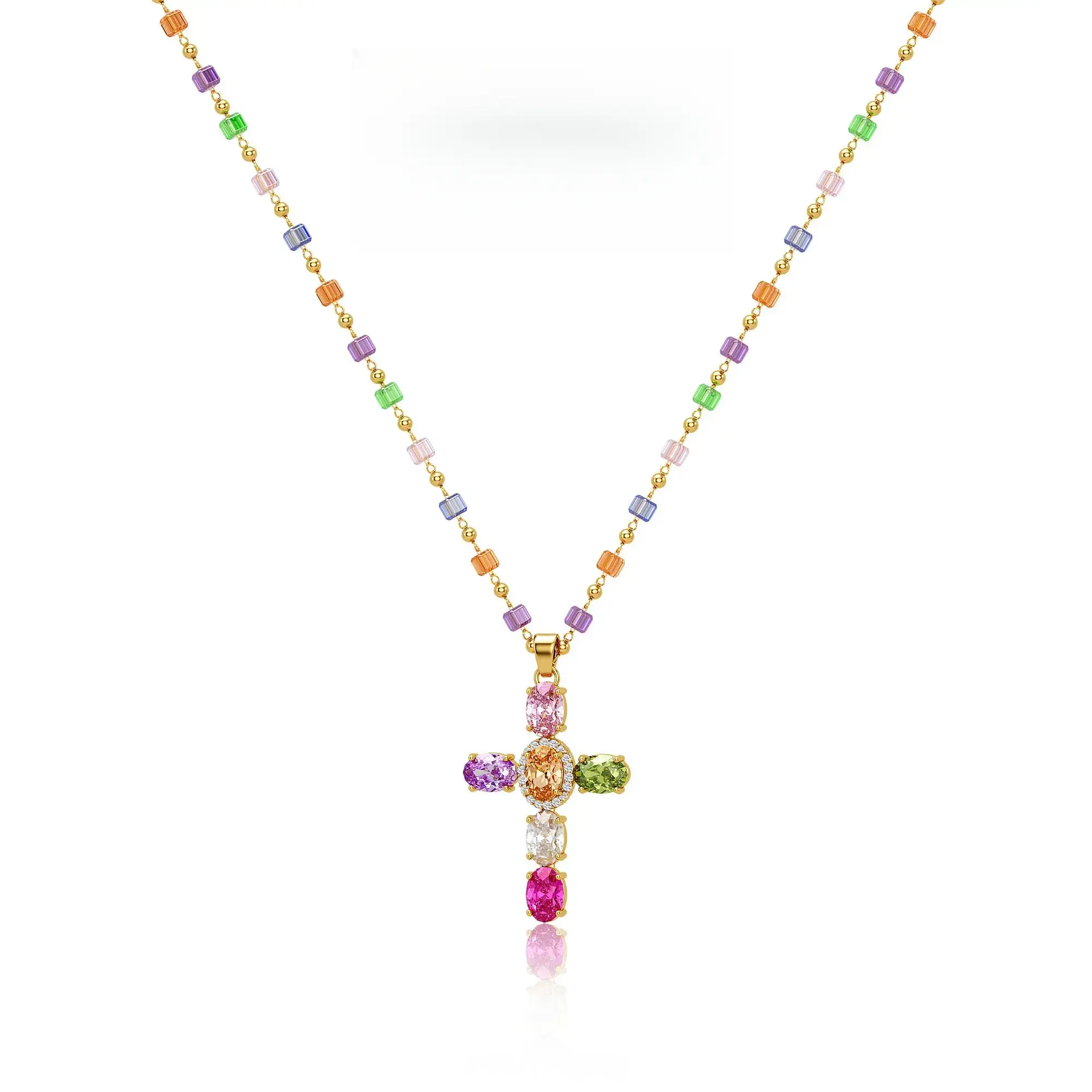 14K Gold-Plated Gold Spacer Beads / Multicolor Cubic Zirconia Cross Pendant Necklace, Jewelry Necklace, Fashion Accessory Gift, Women's Everyday Casual Match Item silver synthetic moissanite pendant necklace