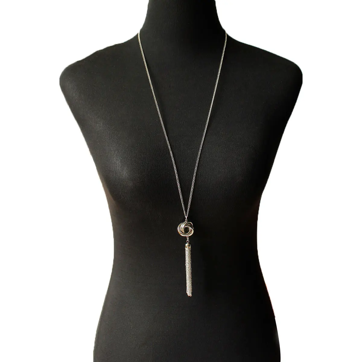 Interlocked Twisted Ring Tassel Long Sweater Necklace Minimalist Multi Chain Tassel Pendant Long Necklace Silver Gold Two Colors For Women