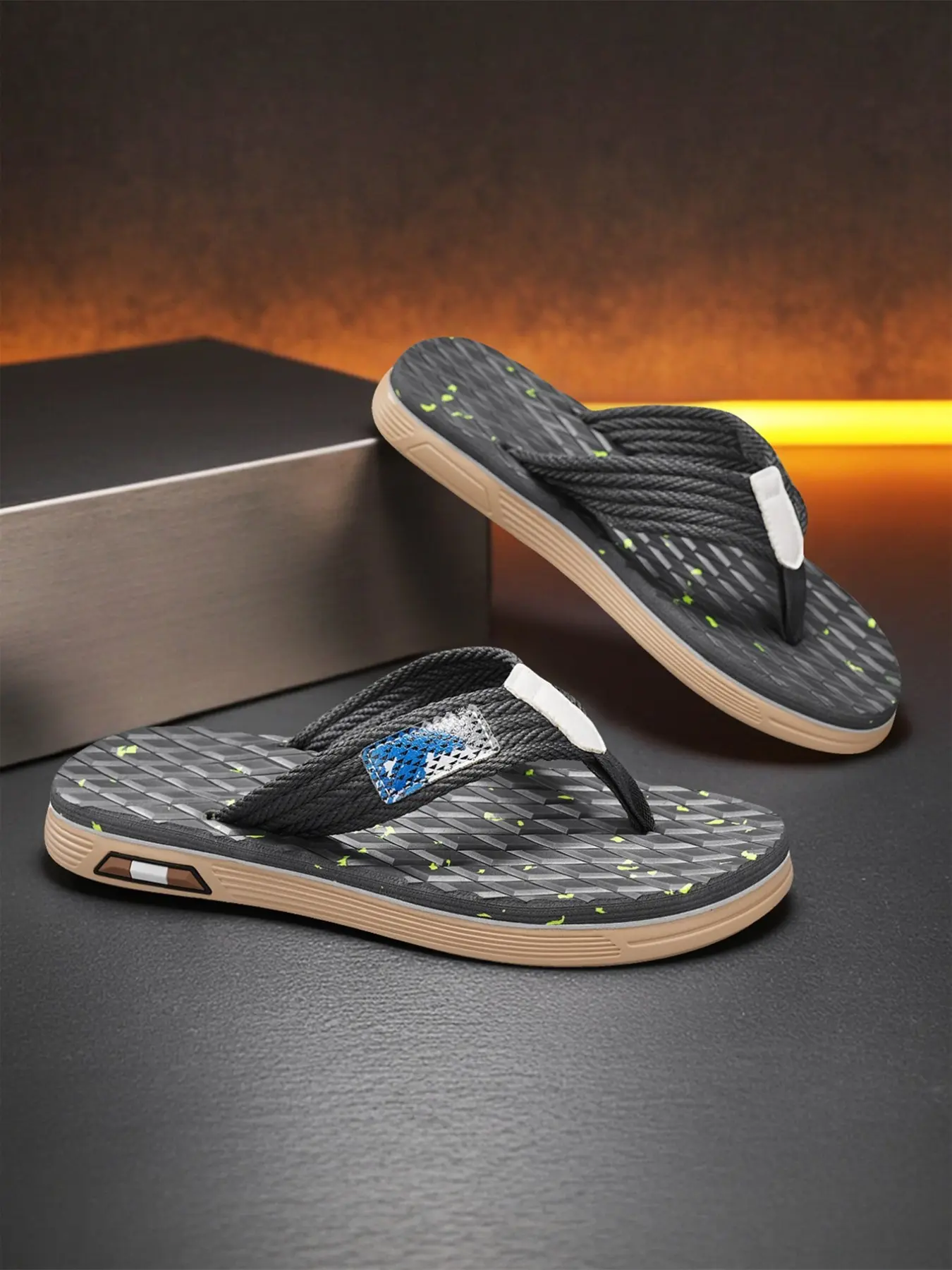 Men's Thick Braided Thong Sandals with Colorblock Label, Anti-Slip Textile Pattern, Soft Dual-Layer Sole, Ideal for Home, Outdoor, Beach
