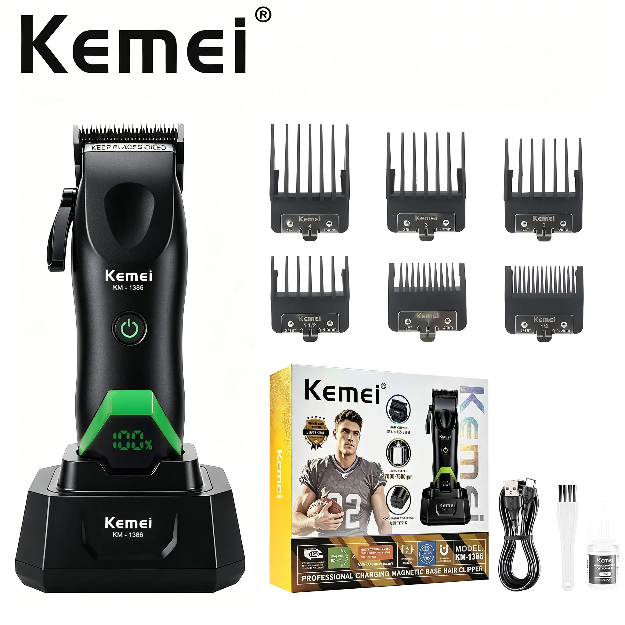 Professional Hair Clipper Set Trimmer Kemei Km-1386+km-1385, High-Speed 8000rpm, LED Display, 2000mah Long Battery Life, Men's Hairstyling Tool