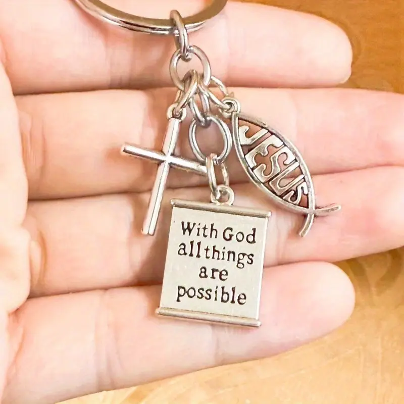 Zinc Alloy Cross Keychain, Engraved 'all Things Are Possible with God,' Men’s Bag Pendant, Religious Faith Decor Gift