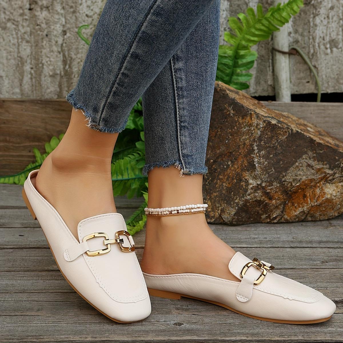 Women's Square Toe Flat Mules, Metallic Buckle Decorated Slip-On Backless Loafers, Fashionable Outdoor Slippers Set viral comfort shoes  trend